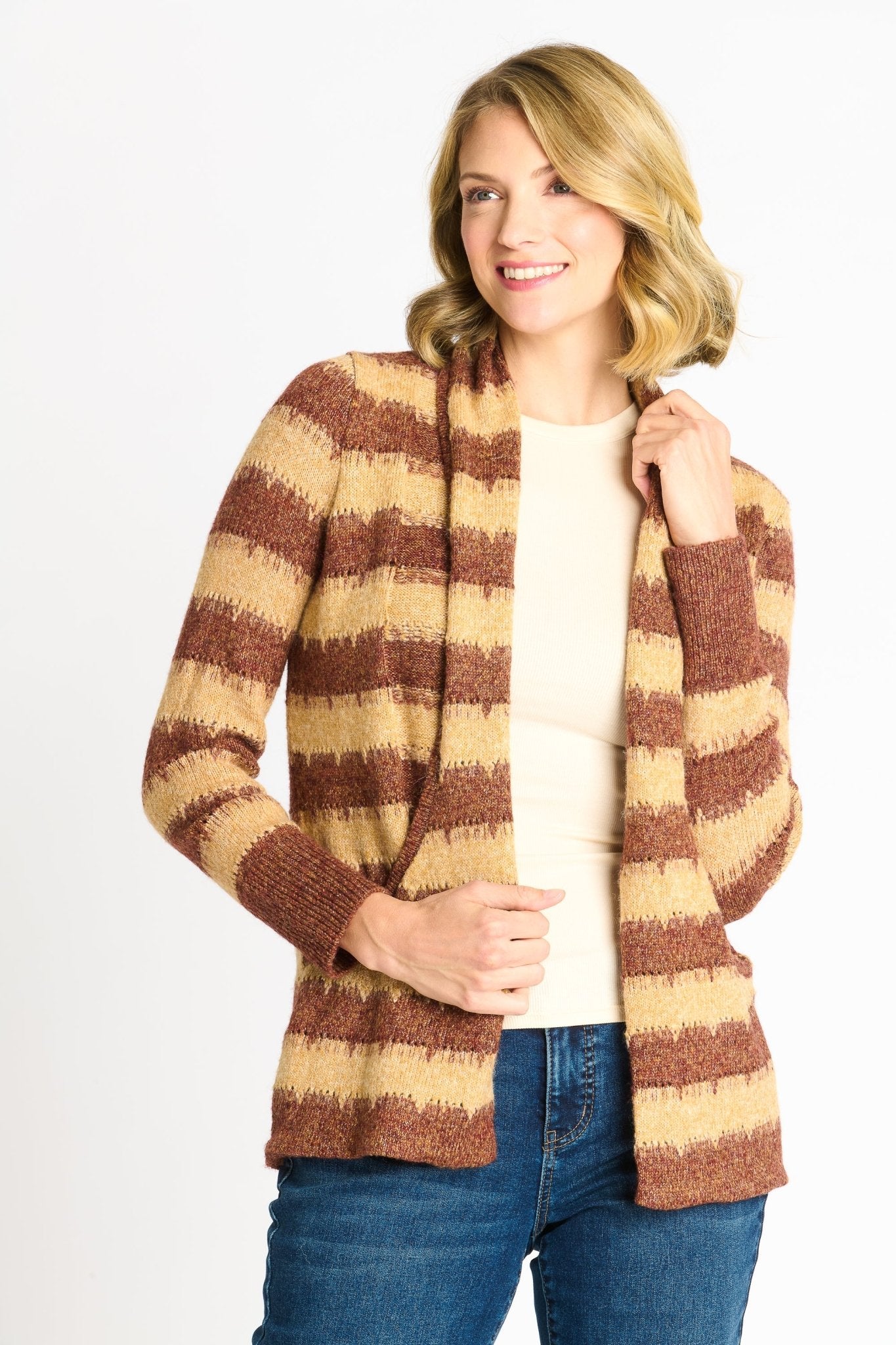 Wave Stripe J - Pocket Cardigan Sweater, Caramel Heather - DressbarnCardigans & Completers