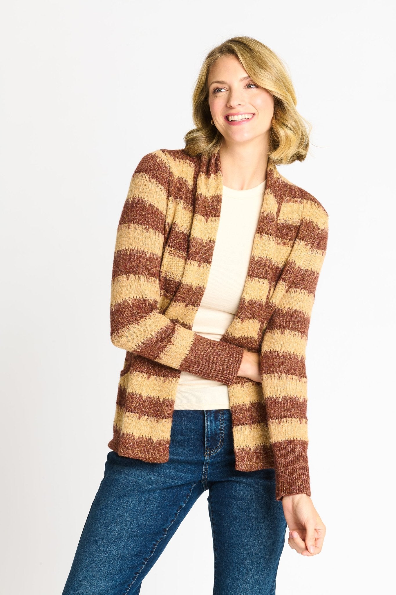 Wave Stripe J - Pocket Cardigan Sweater, Caramel Heather - DressbarnCardigans & Completers