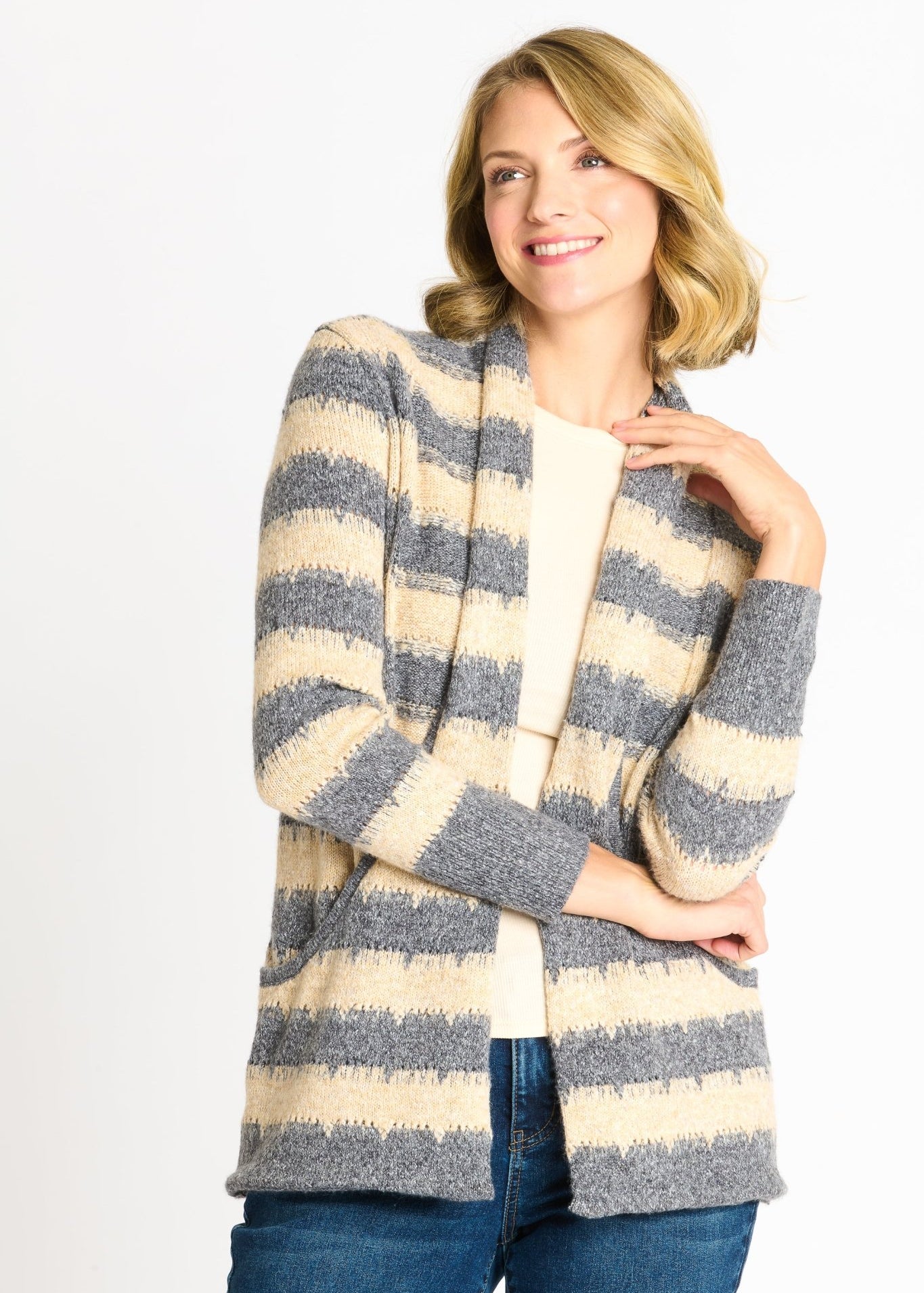 Wave Stripe J - Pocket Cardigan Sweater, Light Heather - DressbarnCardigans & Completers