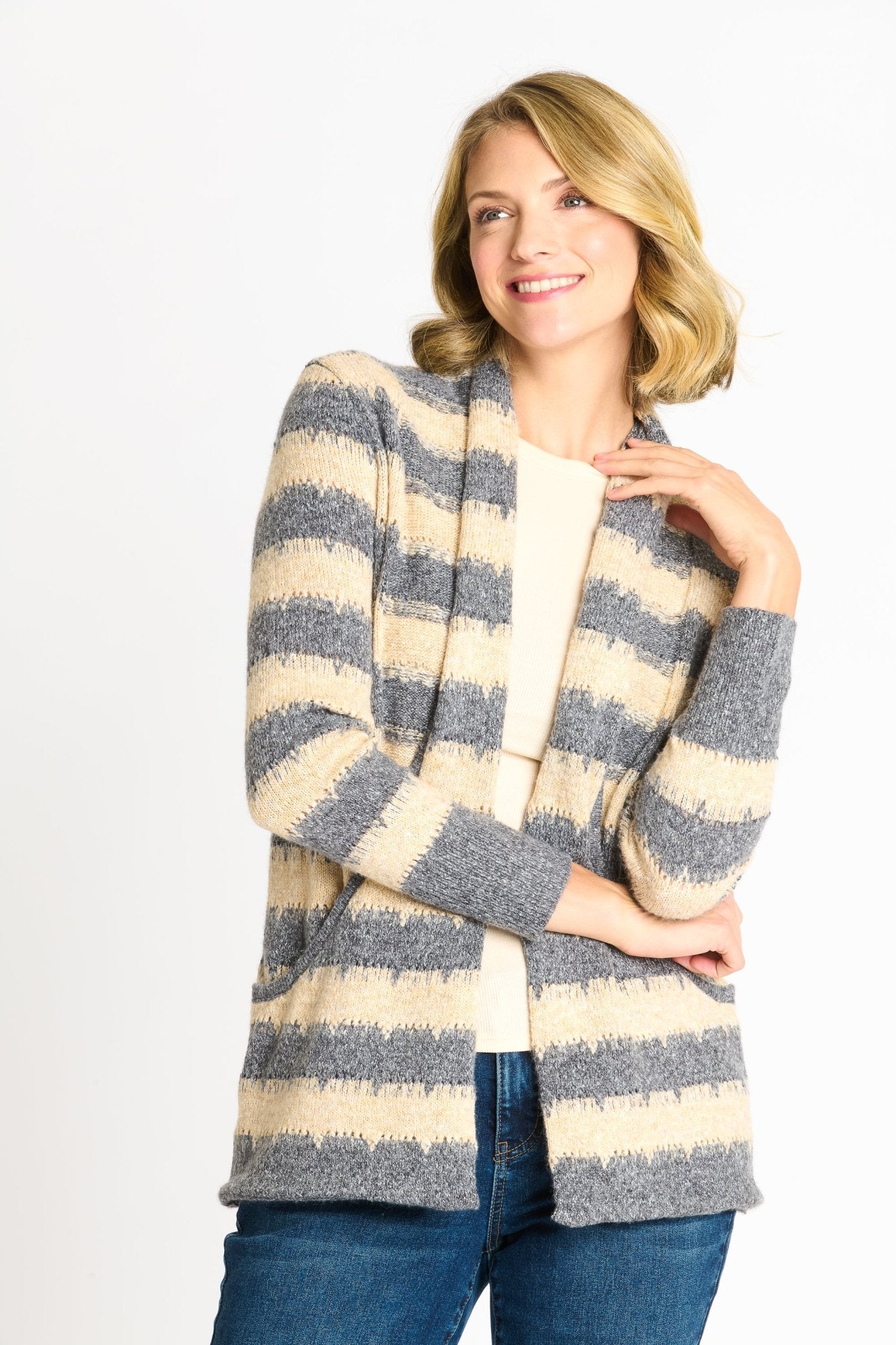 Wave Stripe J - Pocket Cardigan Sweater, Light Heather - DressbarnCardigans & Completers