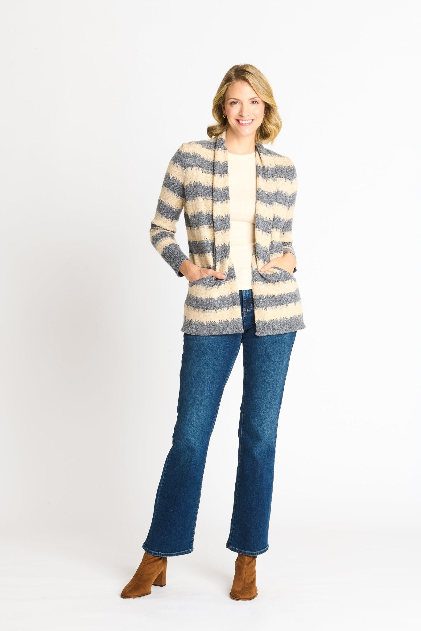 Wave Stripe J - Pocket Cardigan Sweater, Light Heather - DressbarnCardigans & Completers