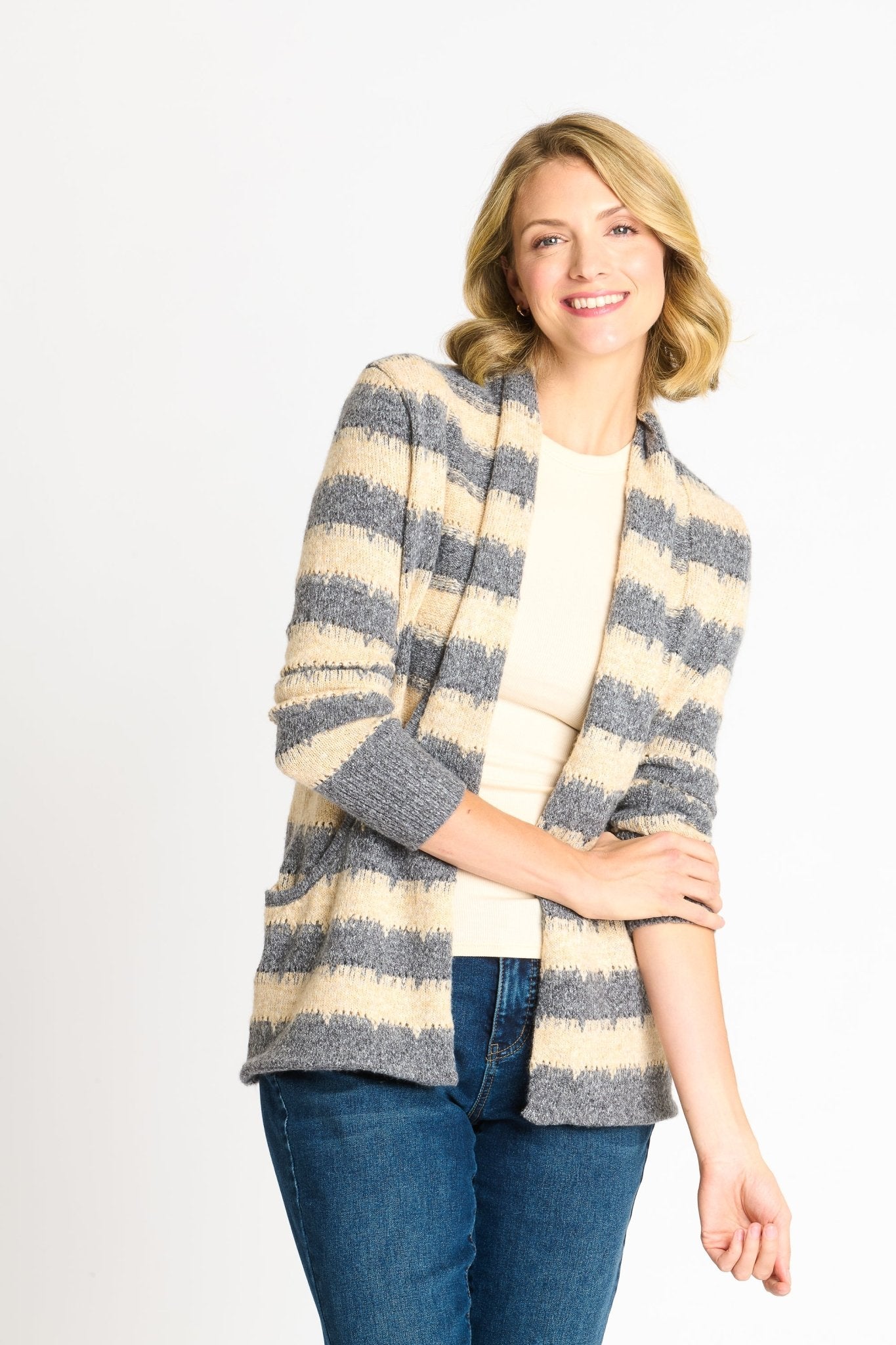 Wave Stripe J - Pocket Cardigan Sweater, Light Heather - DressbarnCardigans & Completers