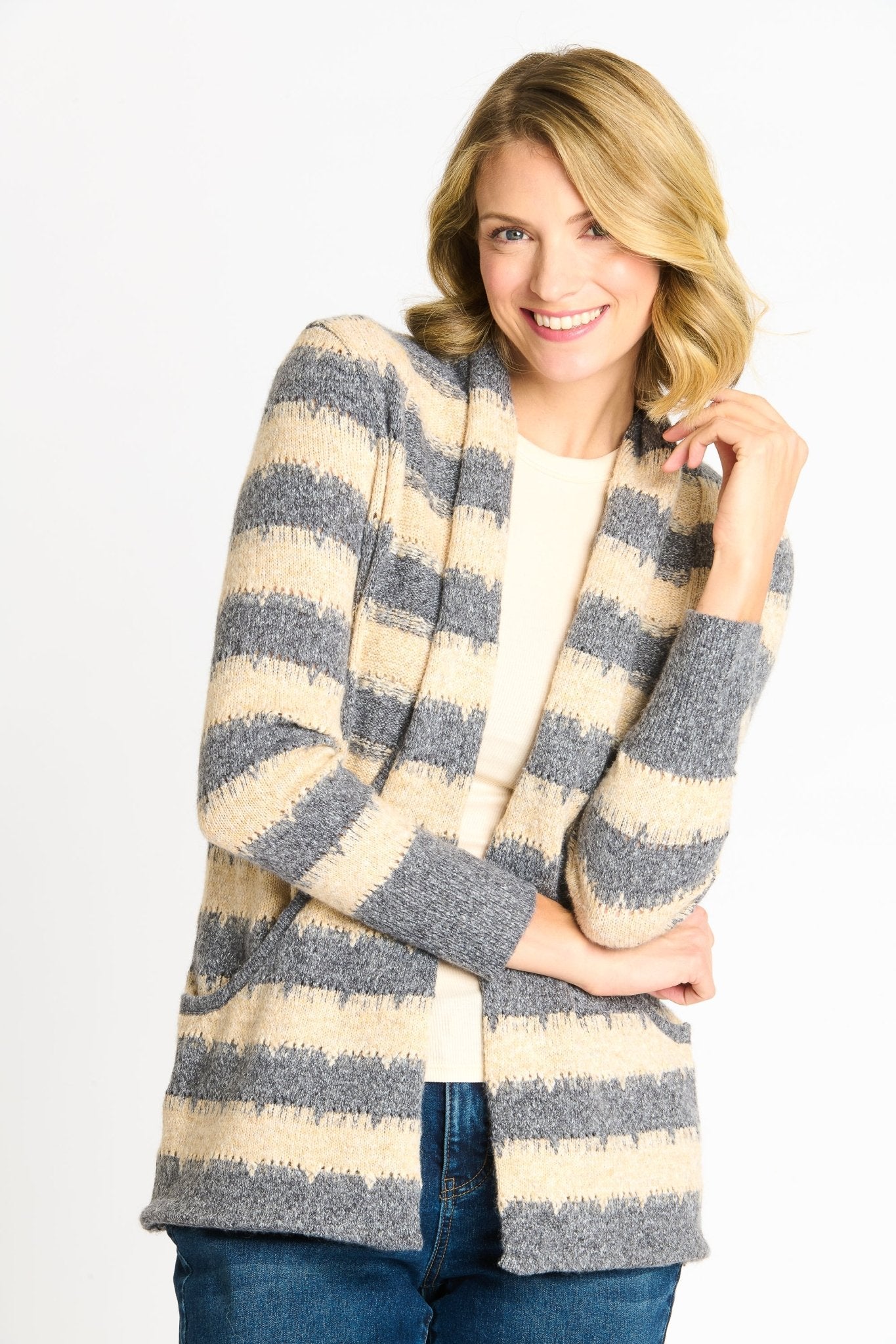 Wave Stripe J - Pocket Cardigan Sweater, Light Heather - DressbarnCardigans & Completers