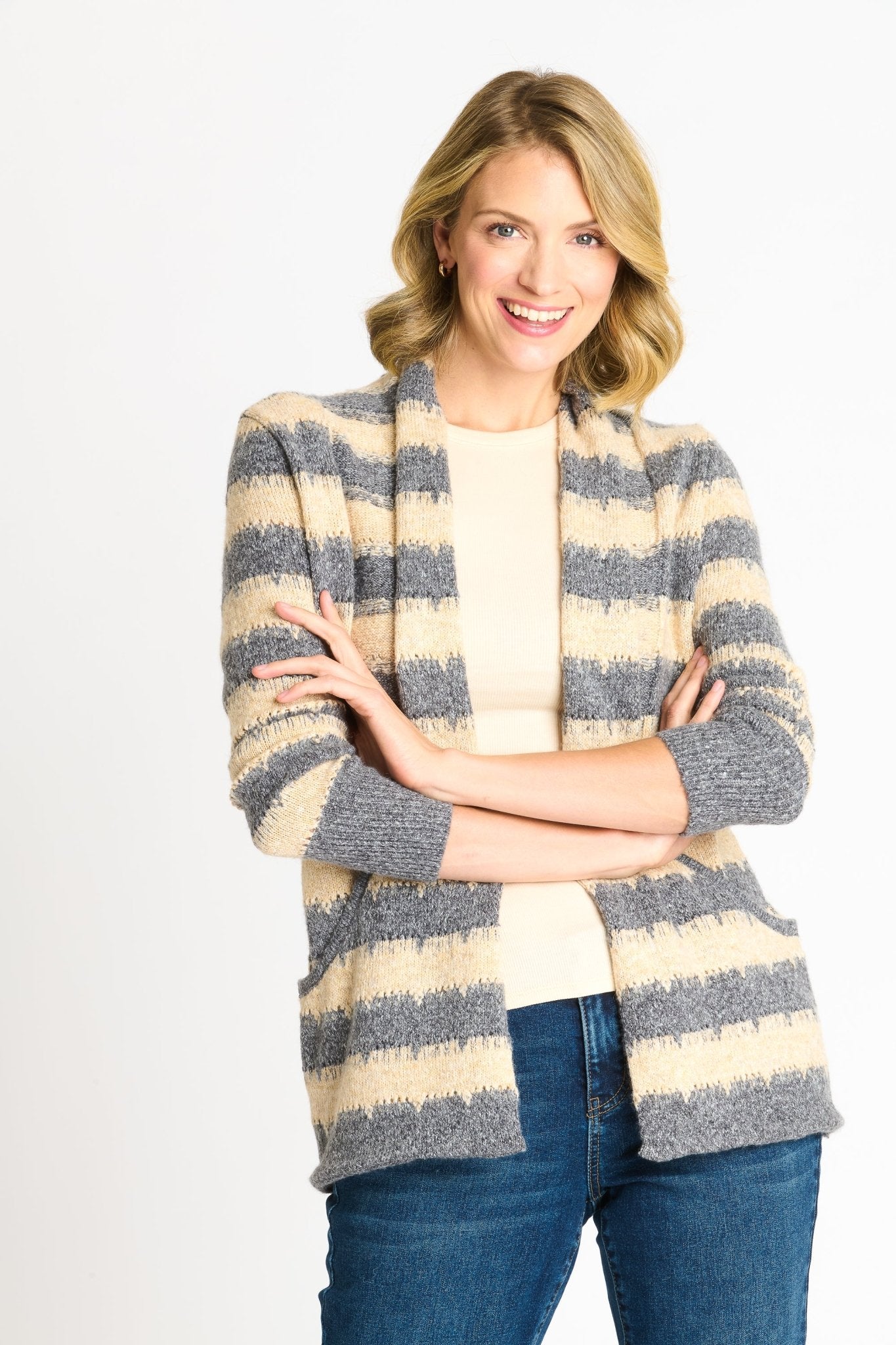 Wave Stripe J - Pocket Cardigan Sweater, Light Heather - DressbarnCardigans & Completers