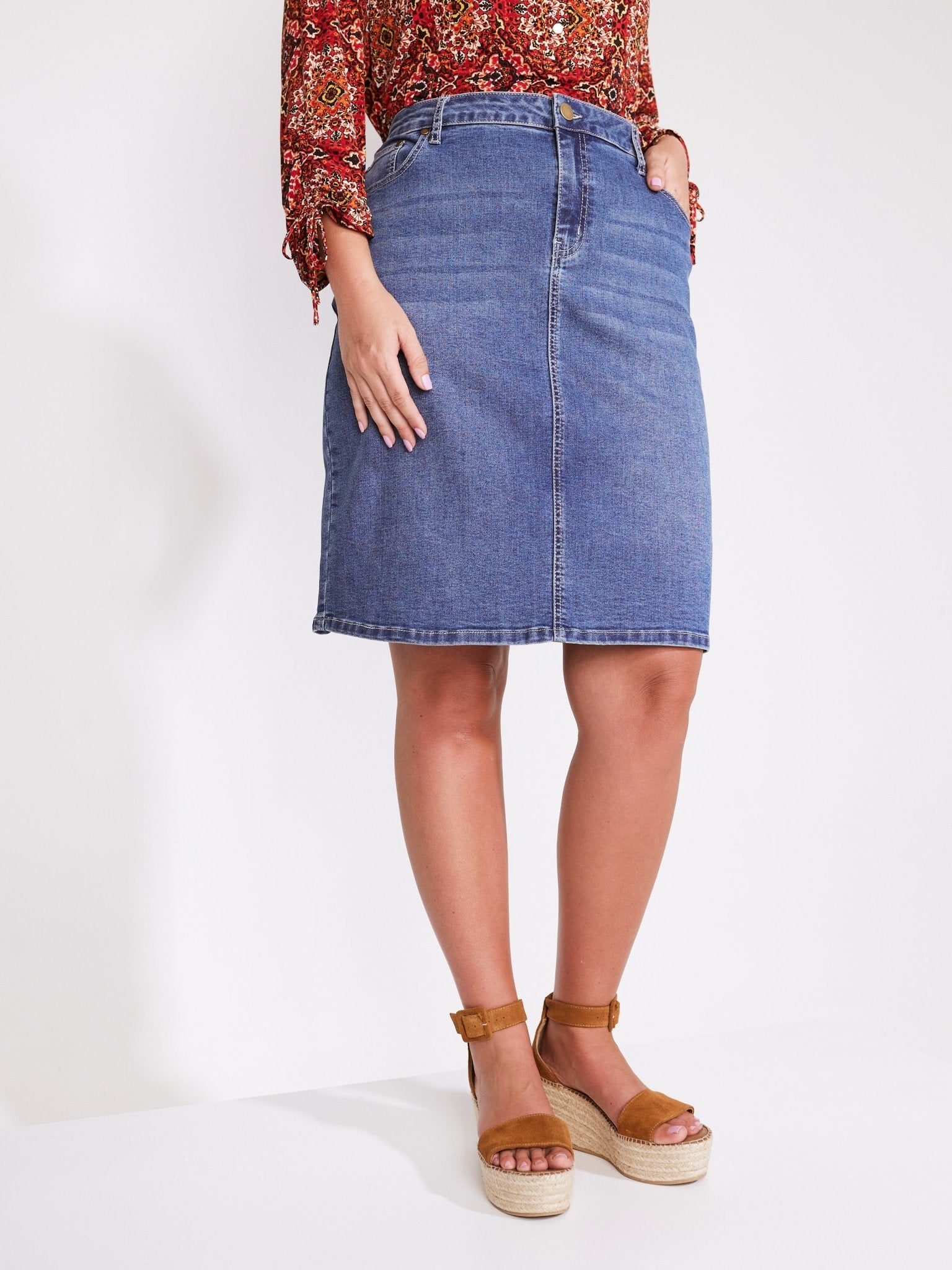 Westport Denim Skirt with Back Slit - Plus - DressbarnSkirts