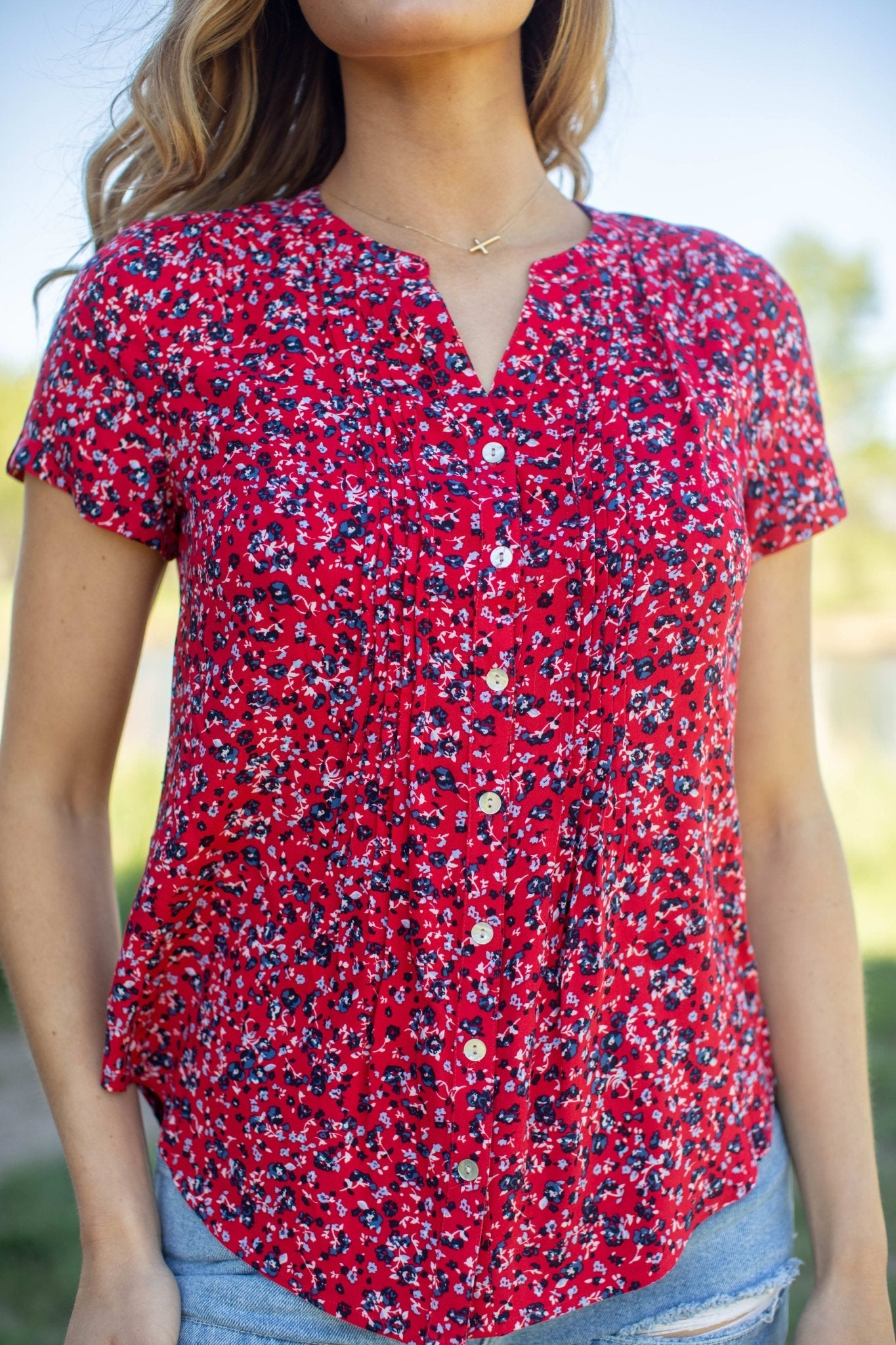 Westport Ditsy Floral Pintuck Button Front Blouse - DressbarnShirts & Blouses