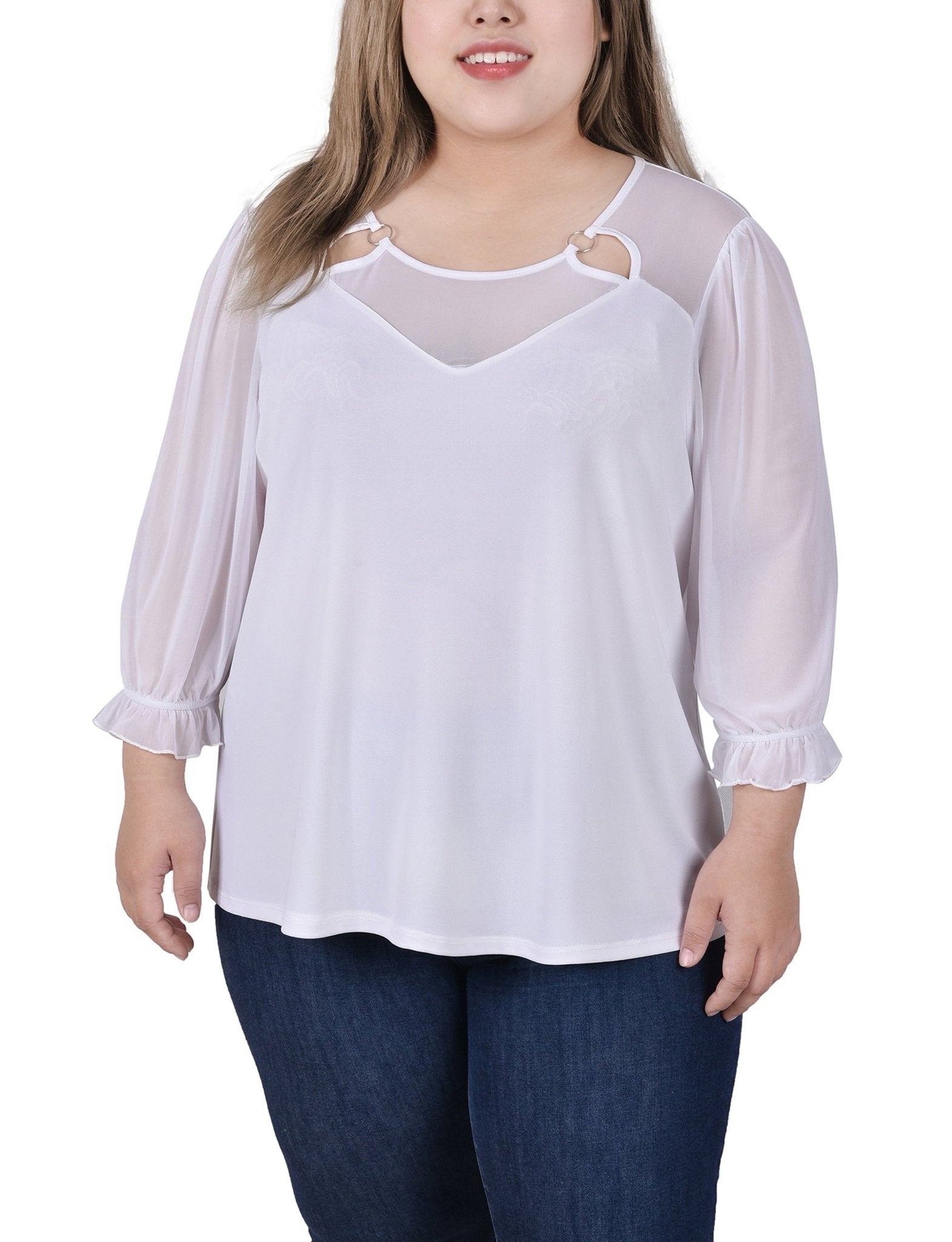 White 3/4 Sleeve Ringed Top With Mesh - Plus - DressbarnBlouses