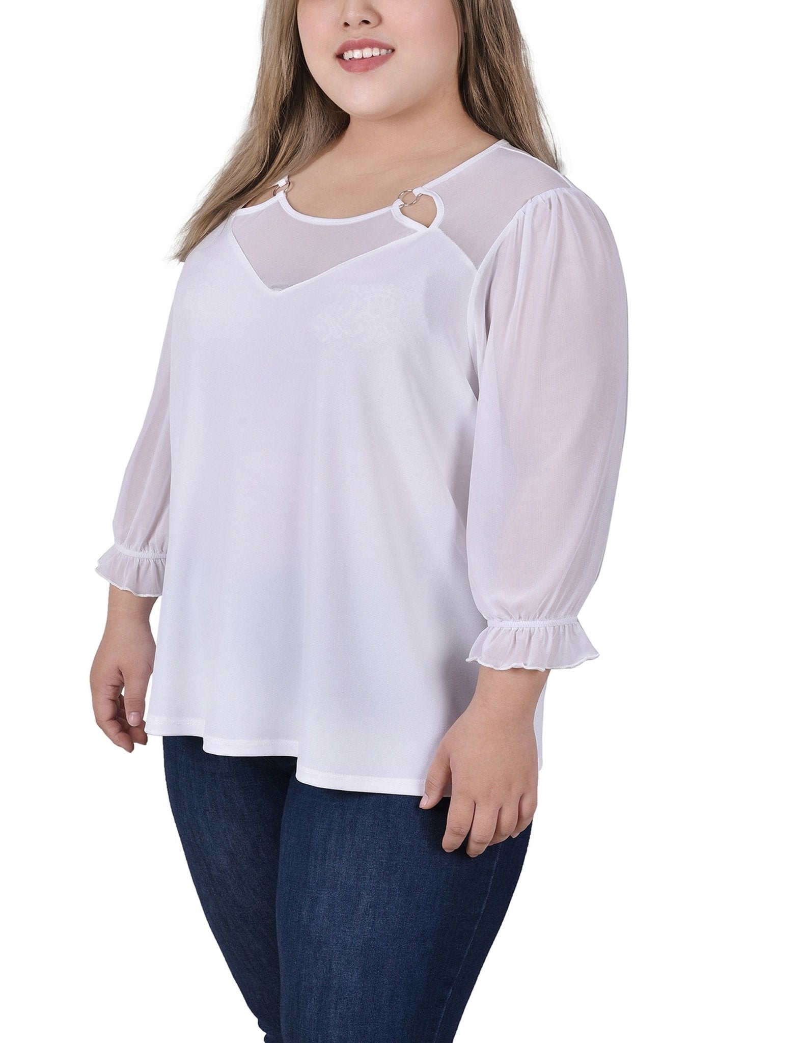 White 3/4 Sleeve Ringed Top With Mesh - Plus - DressbarnBlouses