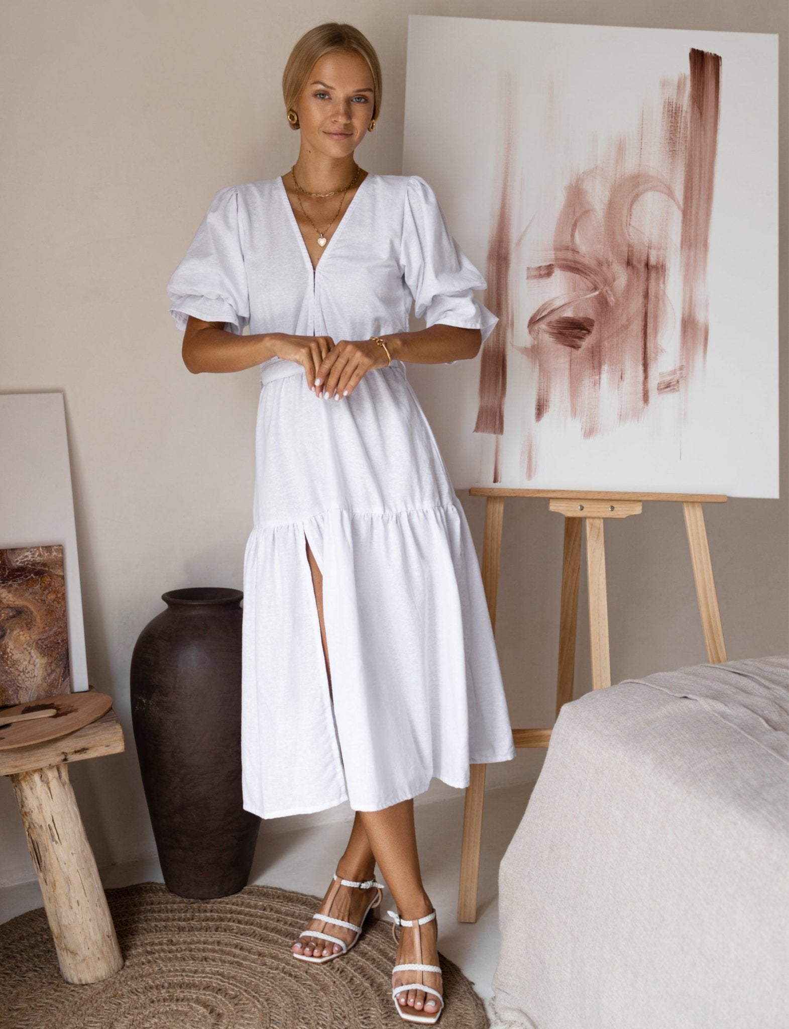White A-Line Belted Midi Length Dress With Slit Plus - DressbarnClothing