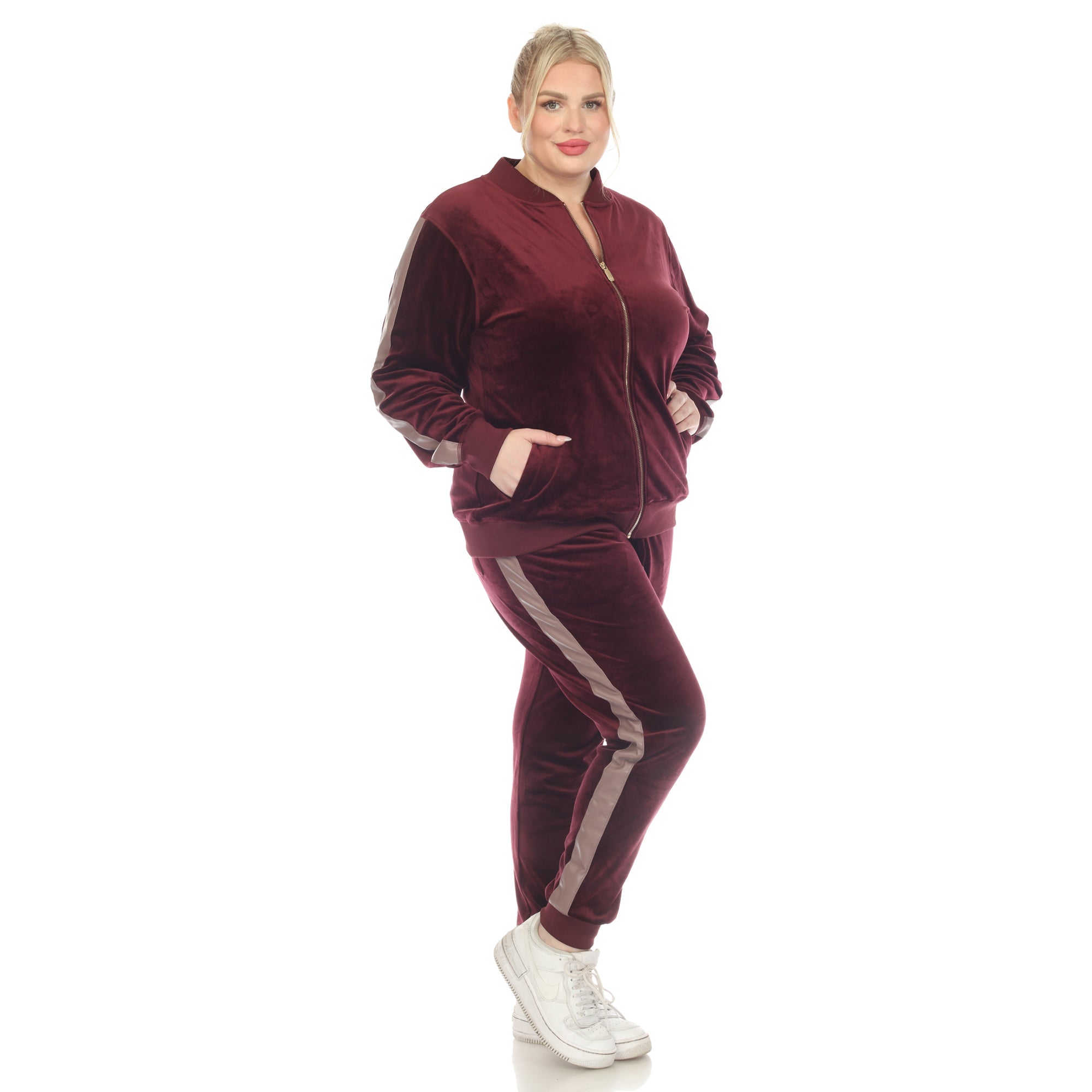 White Mark Women's 2-Piece Velour with Faux Leather Stripe - Plus - DressbarnOutfit Sets