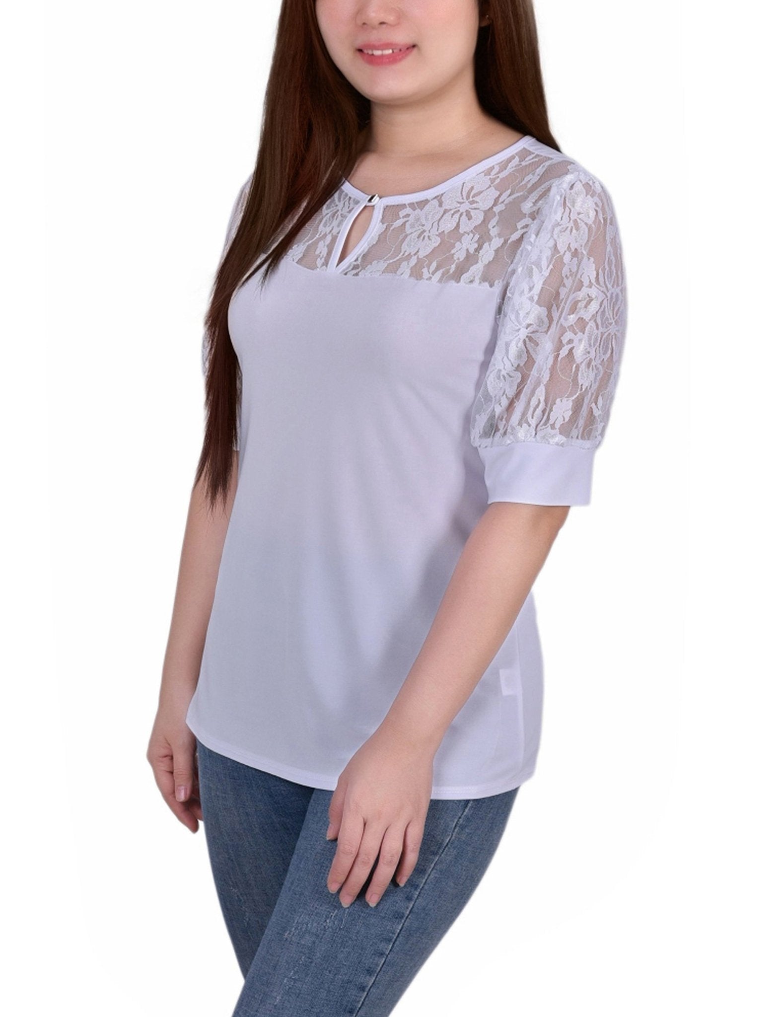 White Short Puff Sleeve Top With Lace Sleeves And Yoke - DressbarnBlouses