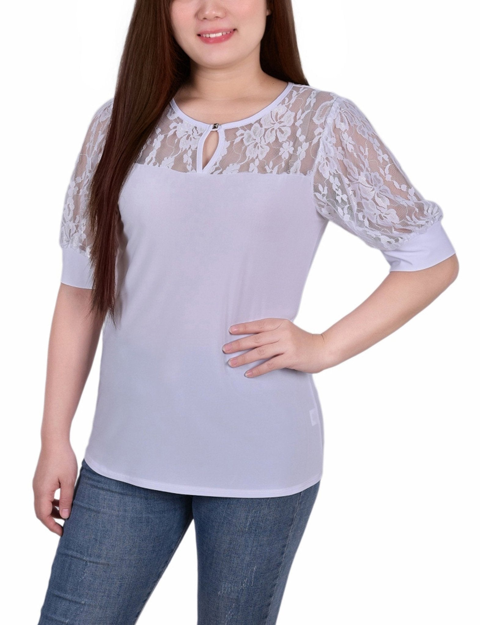 White Short Puff Sleeve Top With Lace Sleeves And Yoke - DressbarnBlouses
