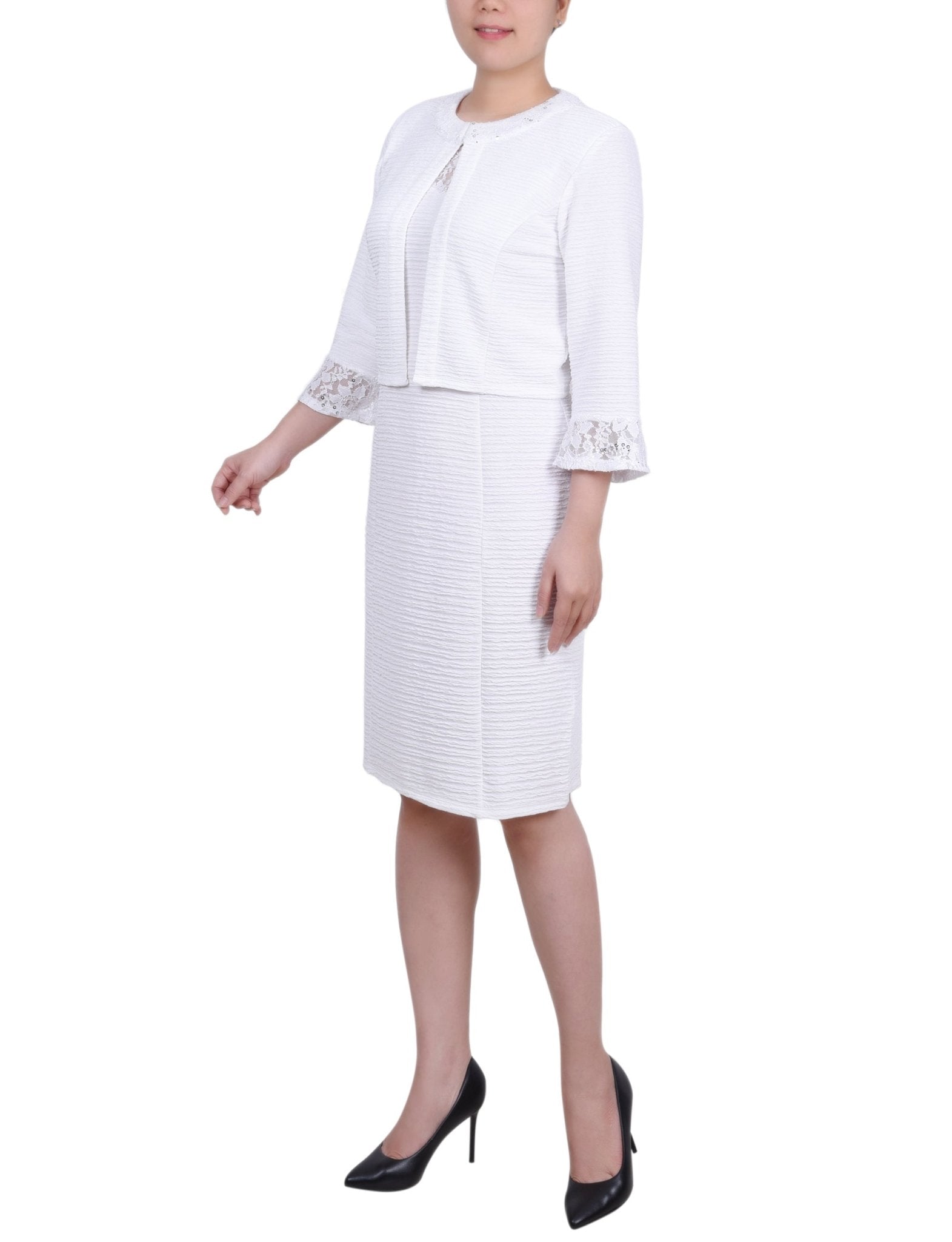 White Two Piece Novelty Knit and Lace Dress Set – Dressbarn White Two Piece Novelty Knit and Lace Dress Set – Dressbarn