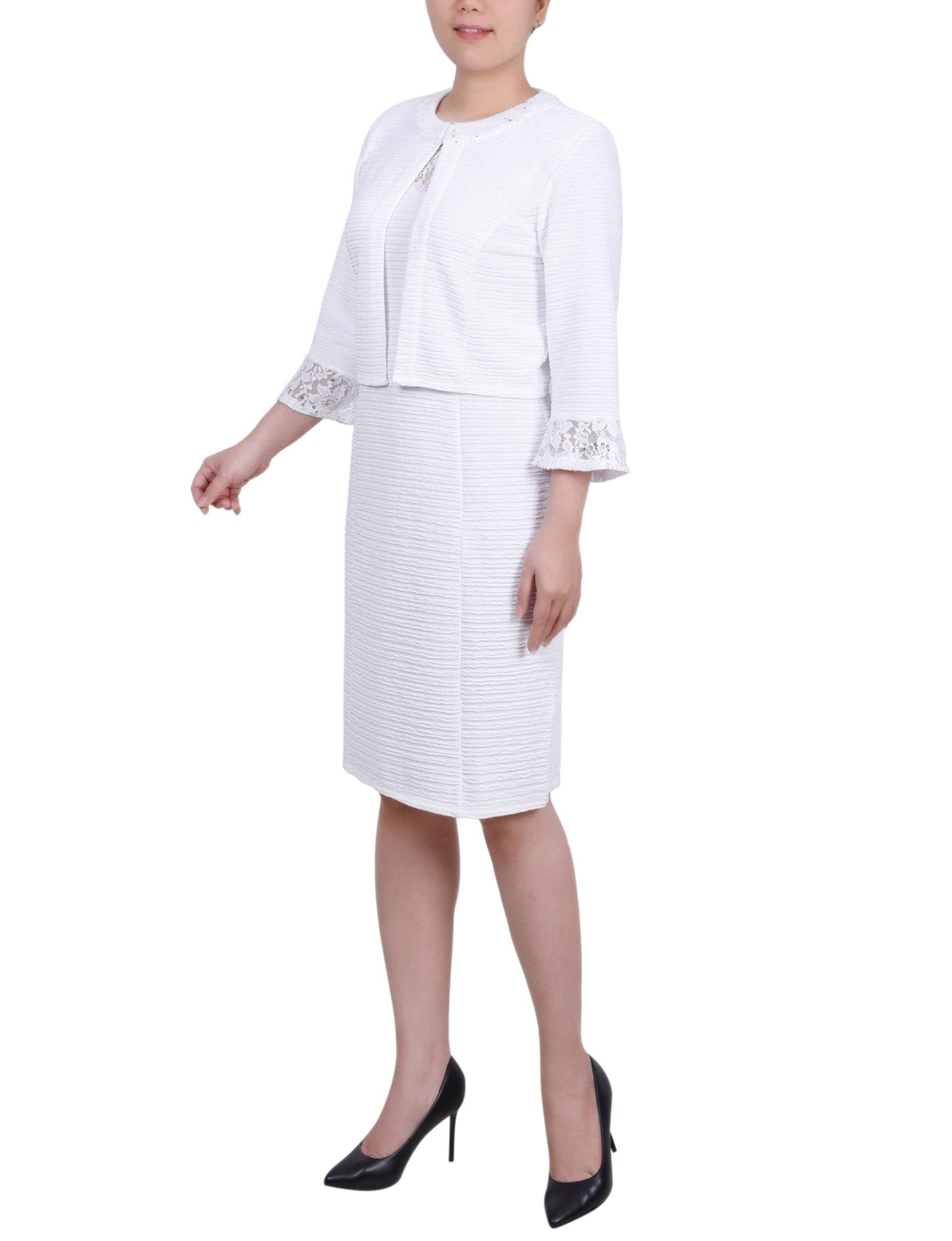 White Two Piece Novelty Knit and Lace Dress Set - Petite Dressbarn White Two Piece Novelty Knit and Lace Dress Set - Petite Dressbarn