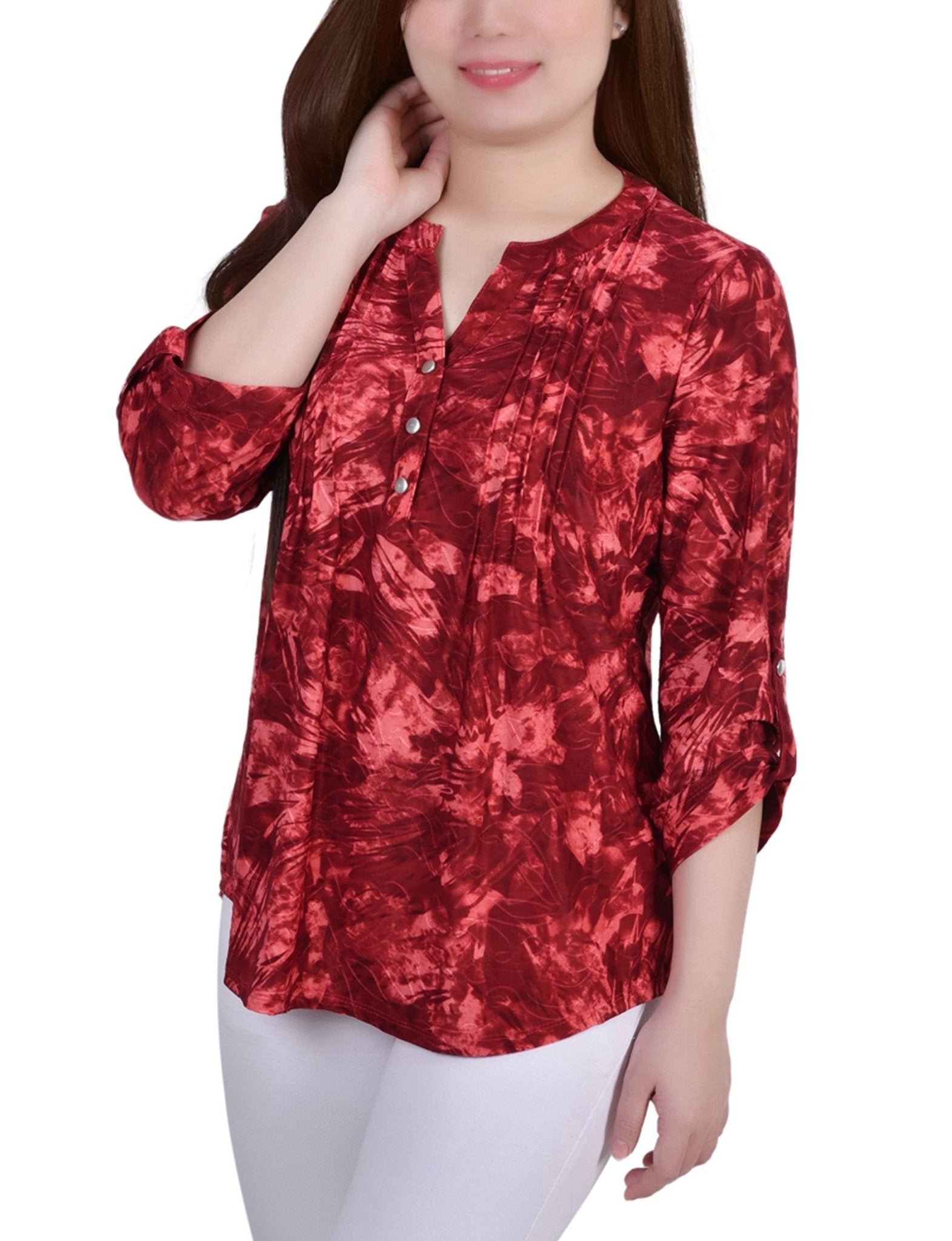 Wine Tiedye 3/4 Sleeve Blouse With Necklace - Petite - DressbarnBlouses