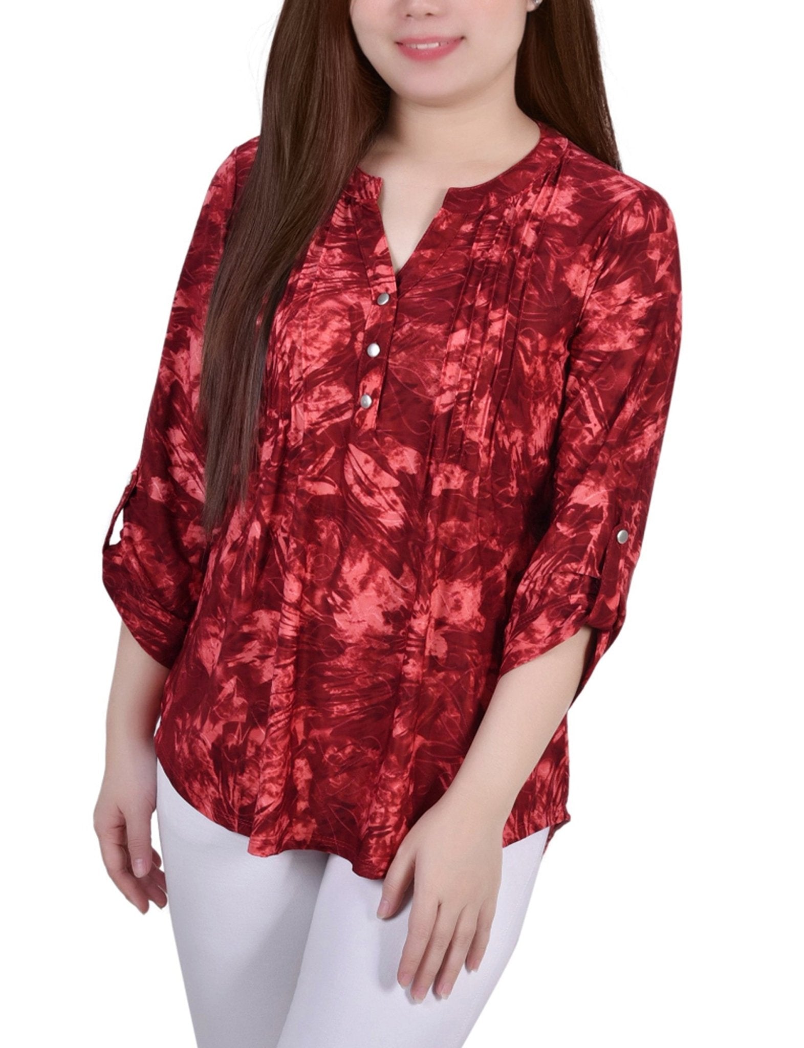 Wine Tiedye 3/4 Sleeve Blouse With Necklace - Petite - DressbarnBlouses