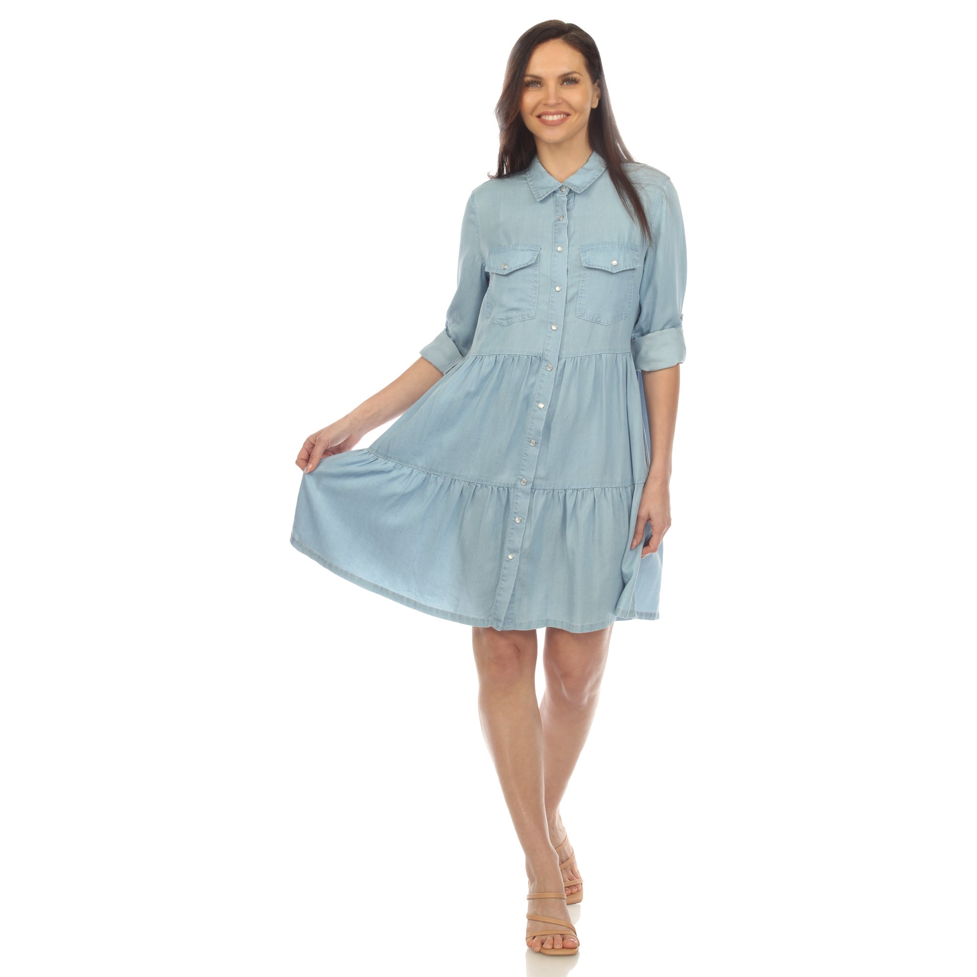 Women's Long Sleeve Tiered Midi Shirt Dress S