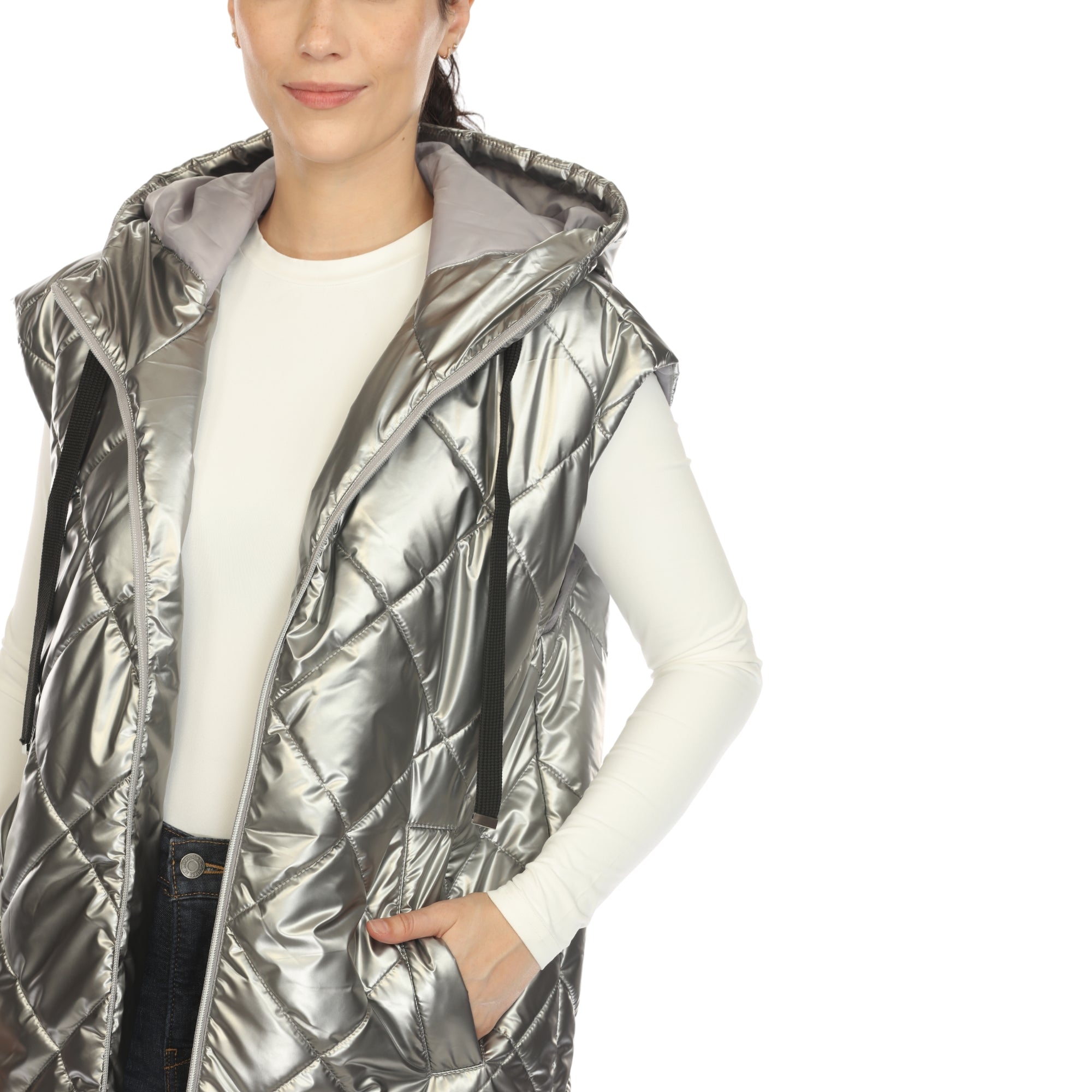Women's Metallic Long Puffer Vest - DressbarnVests
