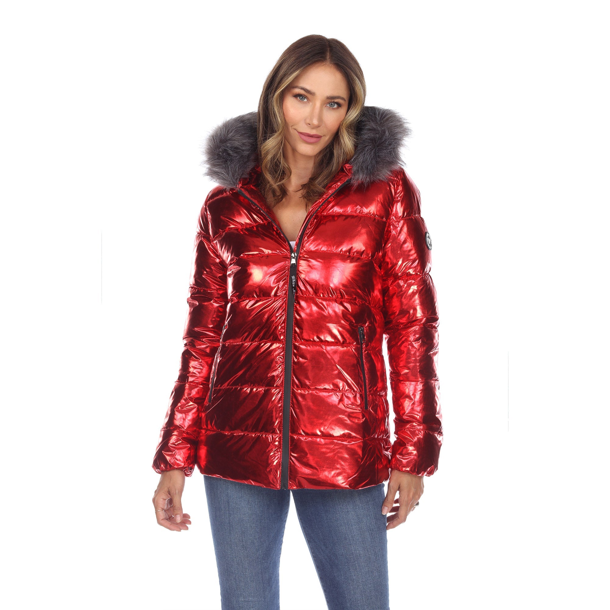 Women's Metallic Puffer Coat with Hoodie - DressbarnCoats & Jackets