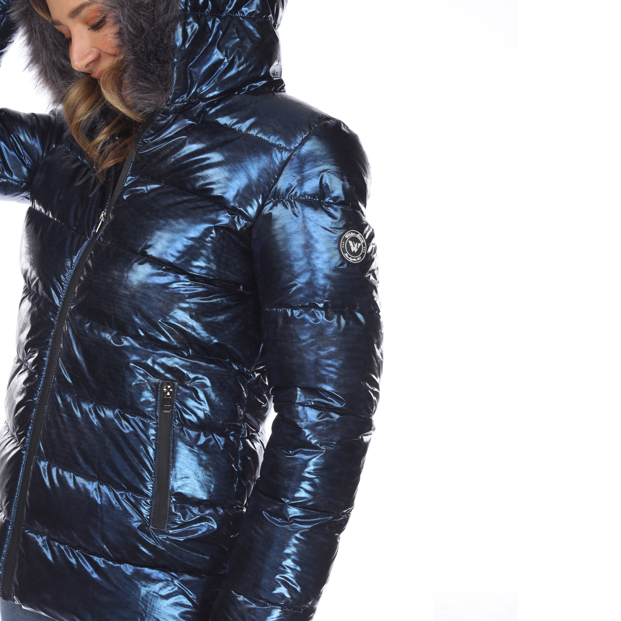 Women's Metallic Puffer Coat with Hoodie - DressbarnCoats & Jackets