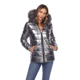 Women's Metallic Puffer Coat with Hoodie - DressbarnCoats & Jackets