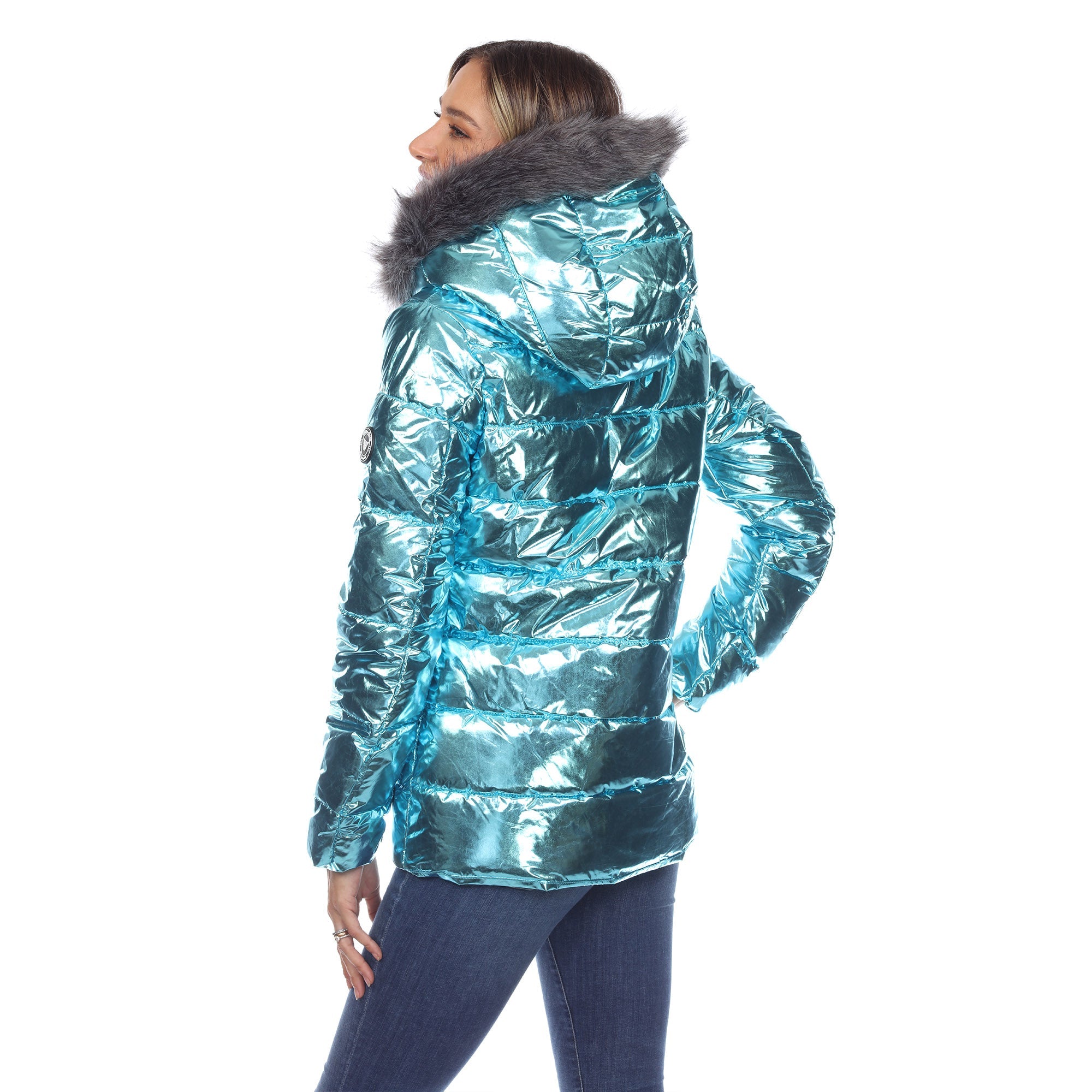 Women's Metallic Puffer Coat with Hoodie - DressbarnCoats & Jackets