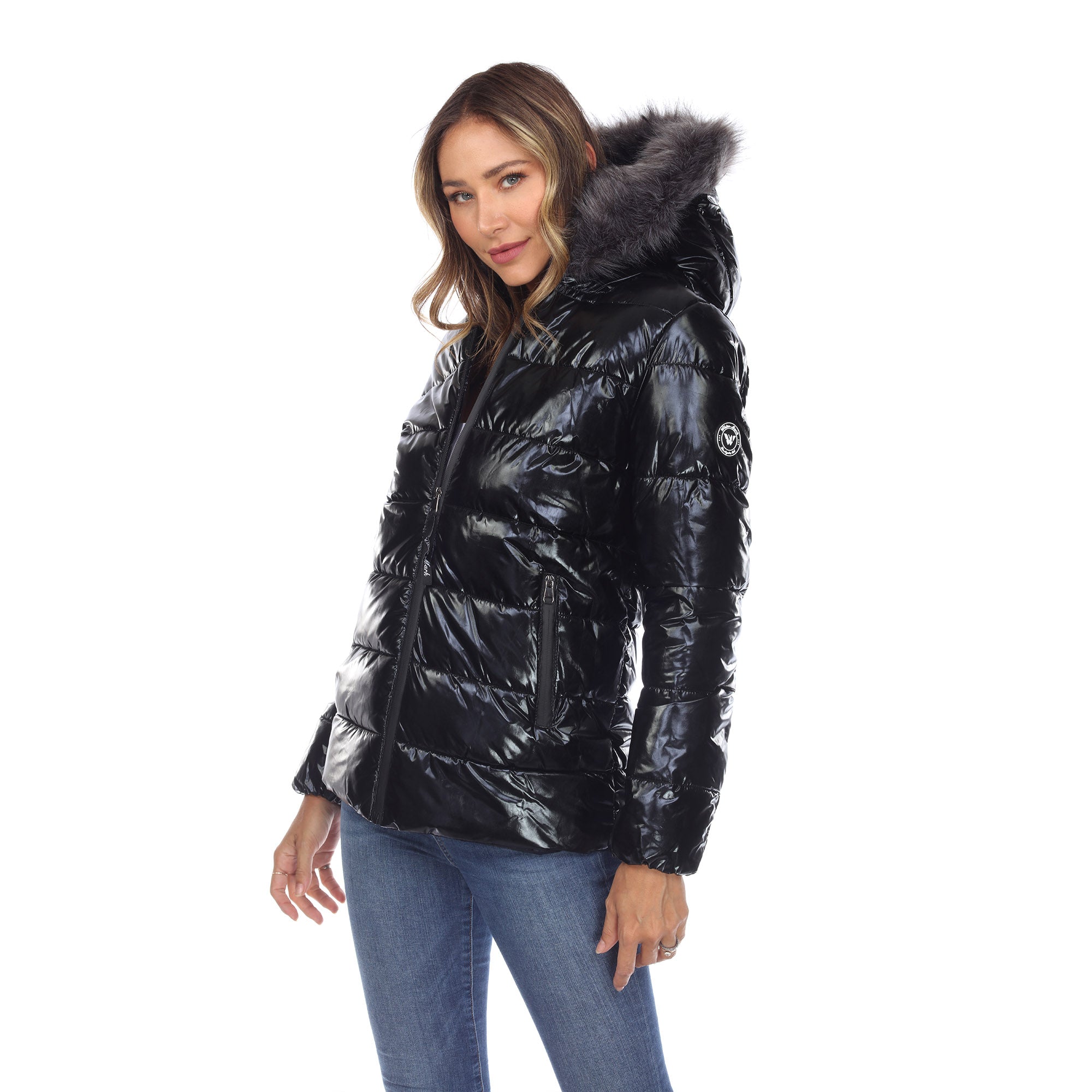 Women's Metallic Puffer Coat with Hoodie - DressbarnCoats & Jackets