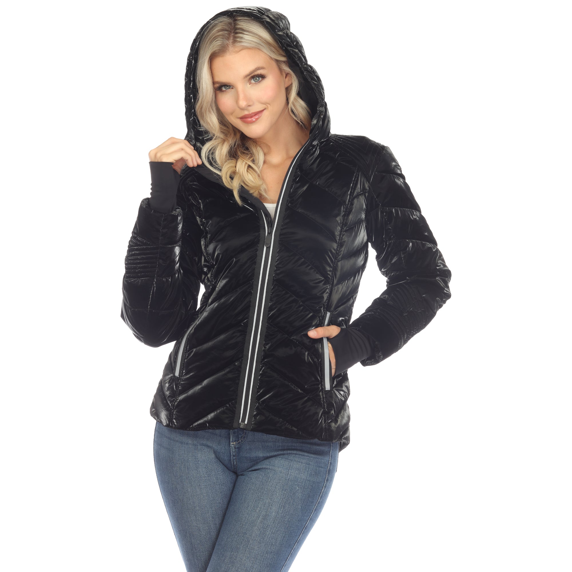 Women's Midweight Quilted Contrast With Thumbholes Hooded Jacket - DressbarnCoats & Jackets