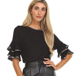 Womens Multi Ruffle Sleeve Top With Contrast Color Trim On Ruffles & Neckline - DressbarnShirts & Blouses
