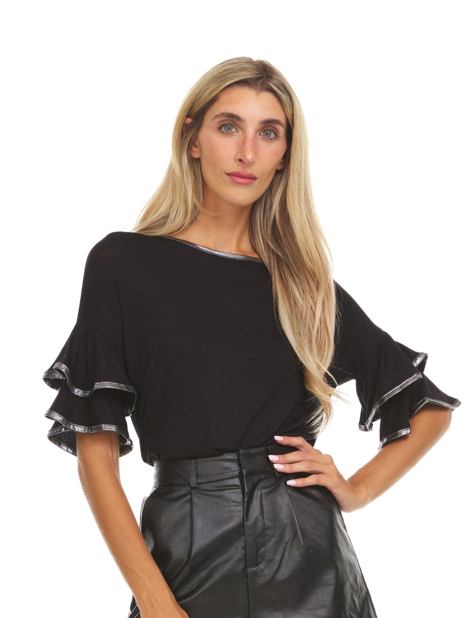 Womens Multi Ruffle Sleeve Top With Contrast Color Trim On Ruffles & N