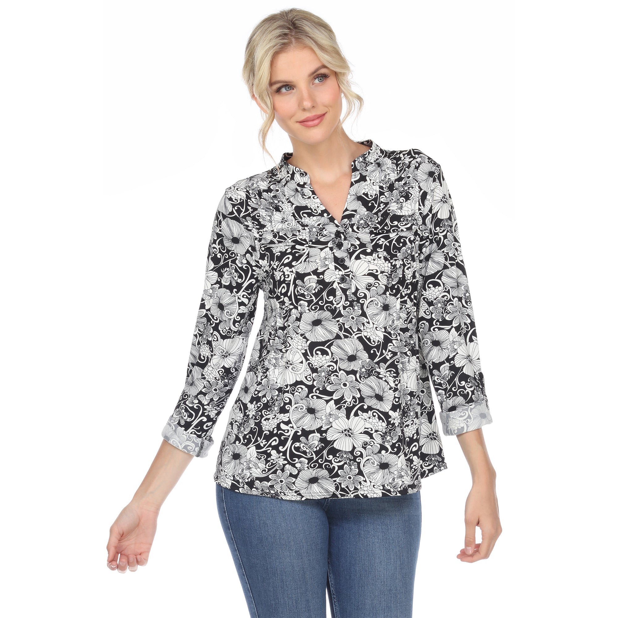 Women's Pleated Long Sleeve Floral Print Blouse - DressbarnShirts & Blouses