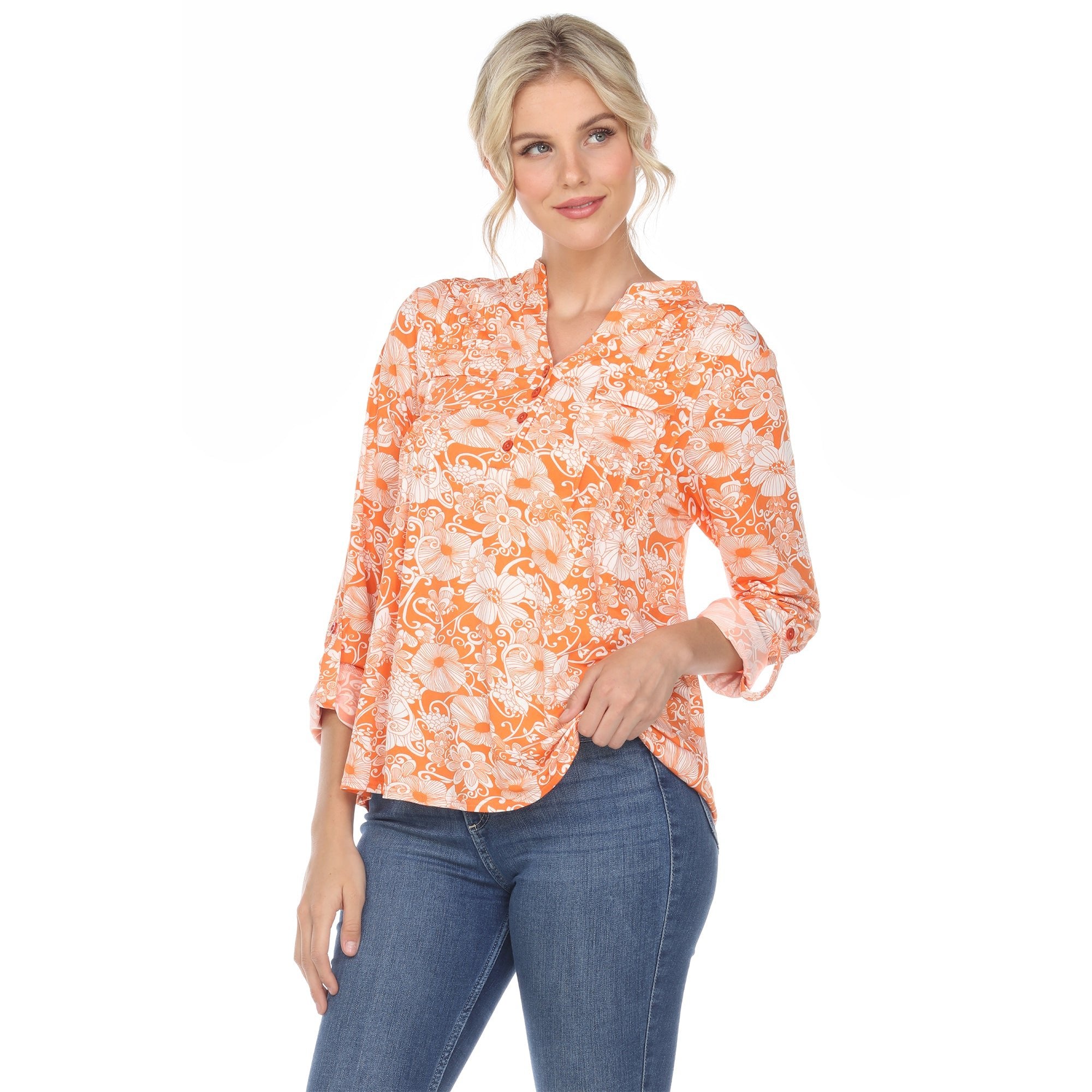 Women's Pleated Long Sleeve Floral Print Blouse - DressbarnShirts & Blouses