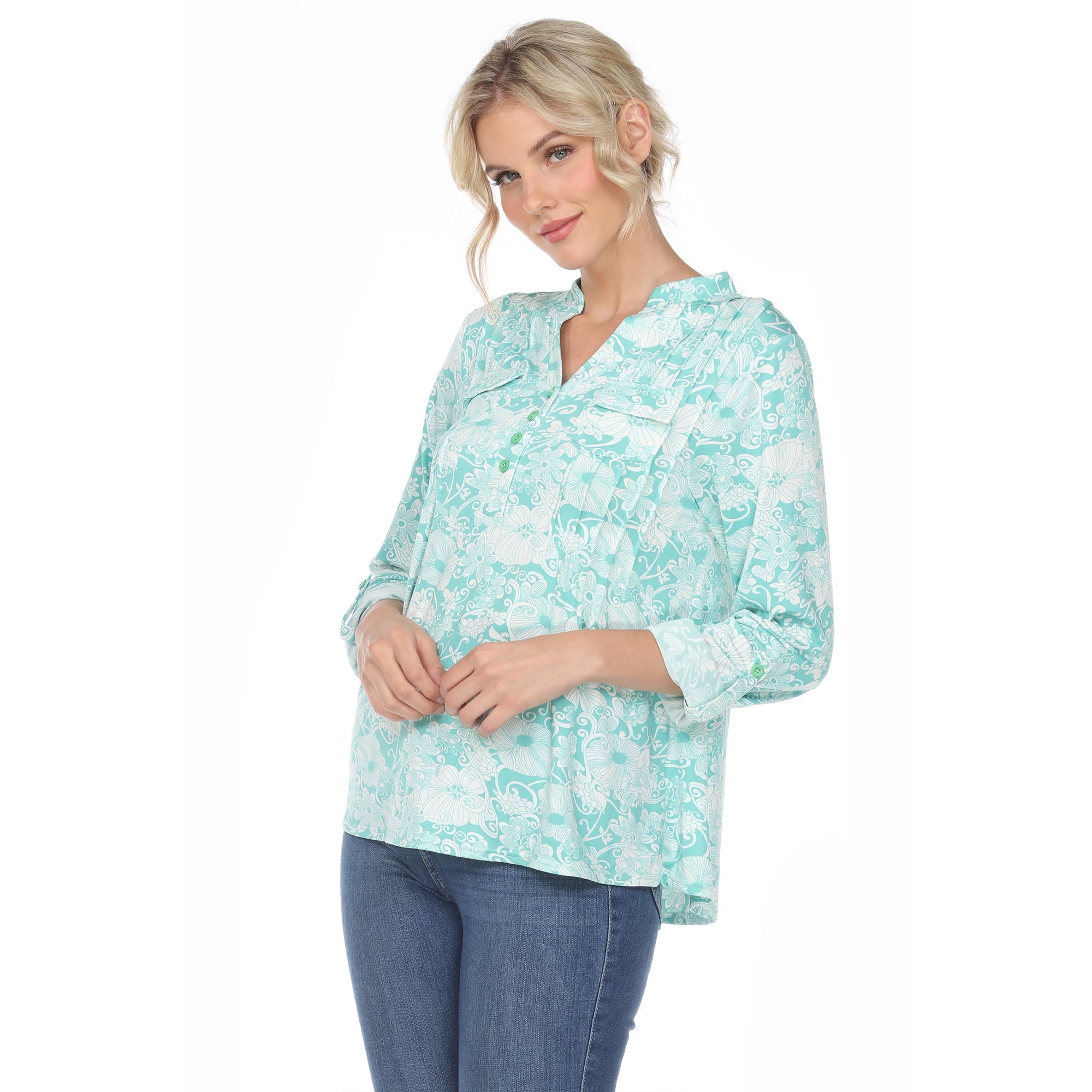 Women's Pleated Long Sleeve Floral Print Blouse - DressbarnShirts & Blouses