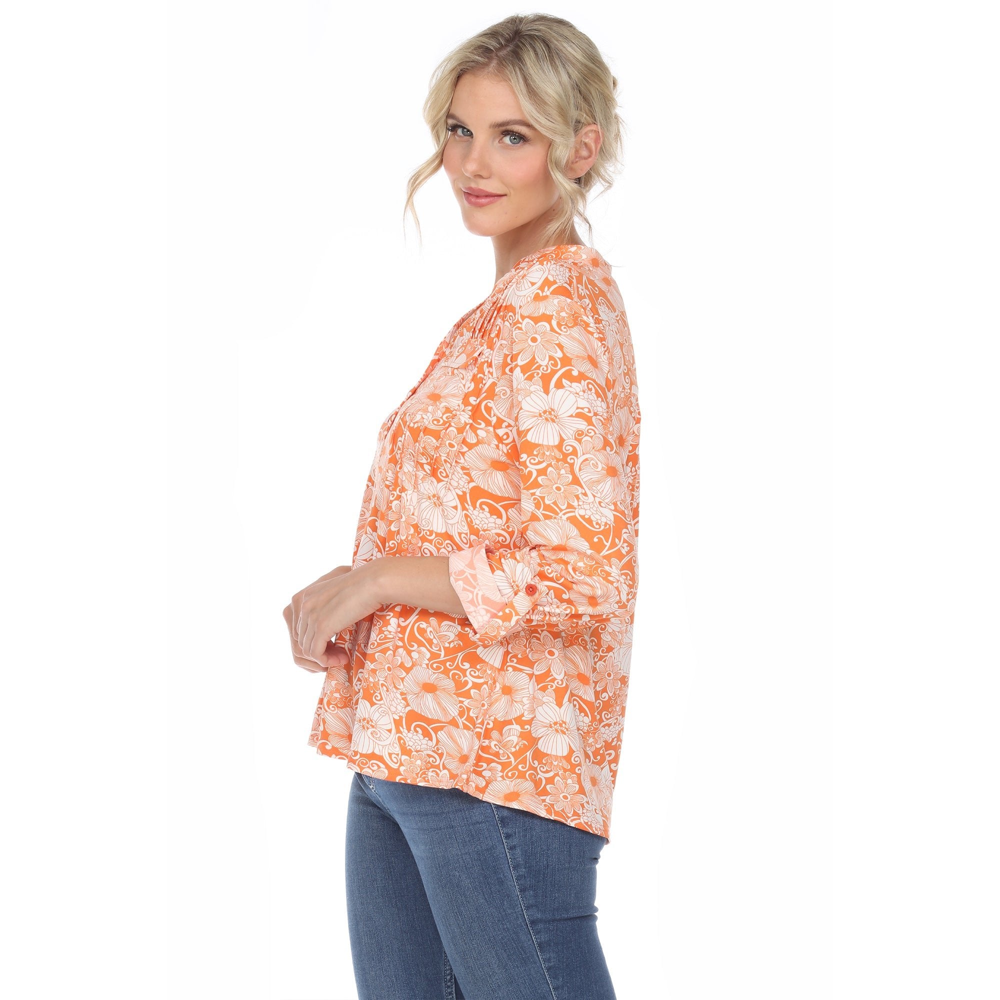 Women's Pleated Long Sleeve Floral Print Blouse - DressbarnShirts & Blouses