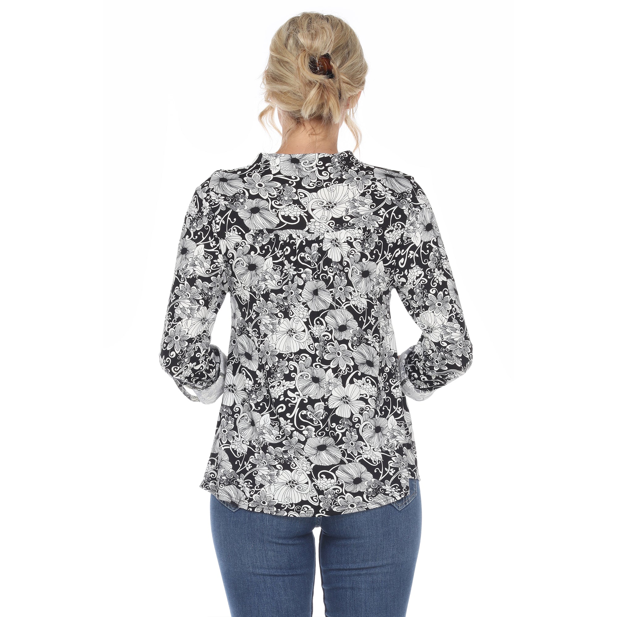 Women's Pleated Long Sleeve Floral Print Blouse - DressbarnShirts & Blouses