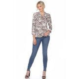 Women's Pleated Long Sleeve Floral Print Blouse - DressbarnShirts & Blouses