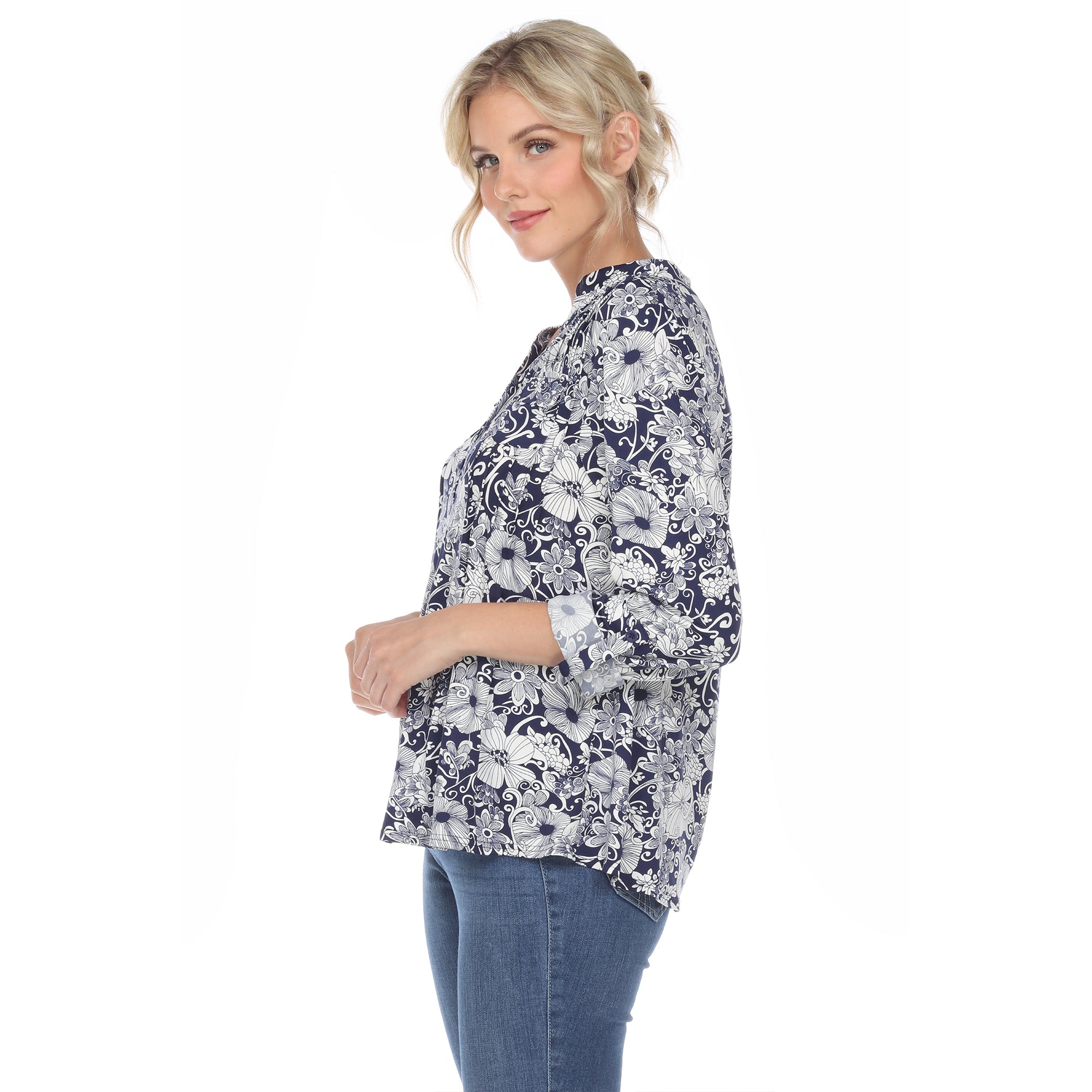 Women's Pleated Long Sleeve Floral Print Blouse - DressbarnShirts & Blouses