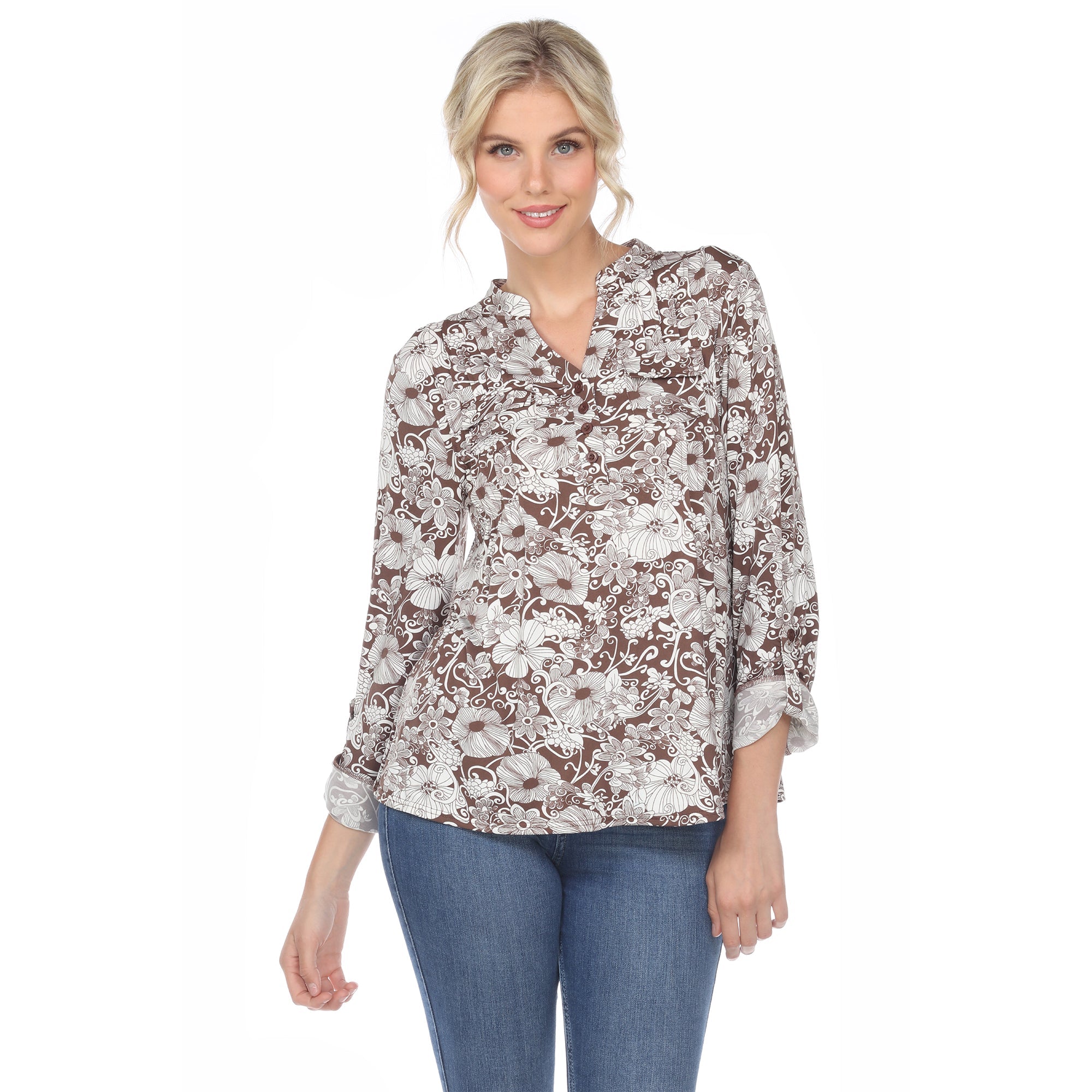 Women's Pleated Long Sleeve Floral Print Blouse - DressbarnShirts & Blouses