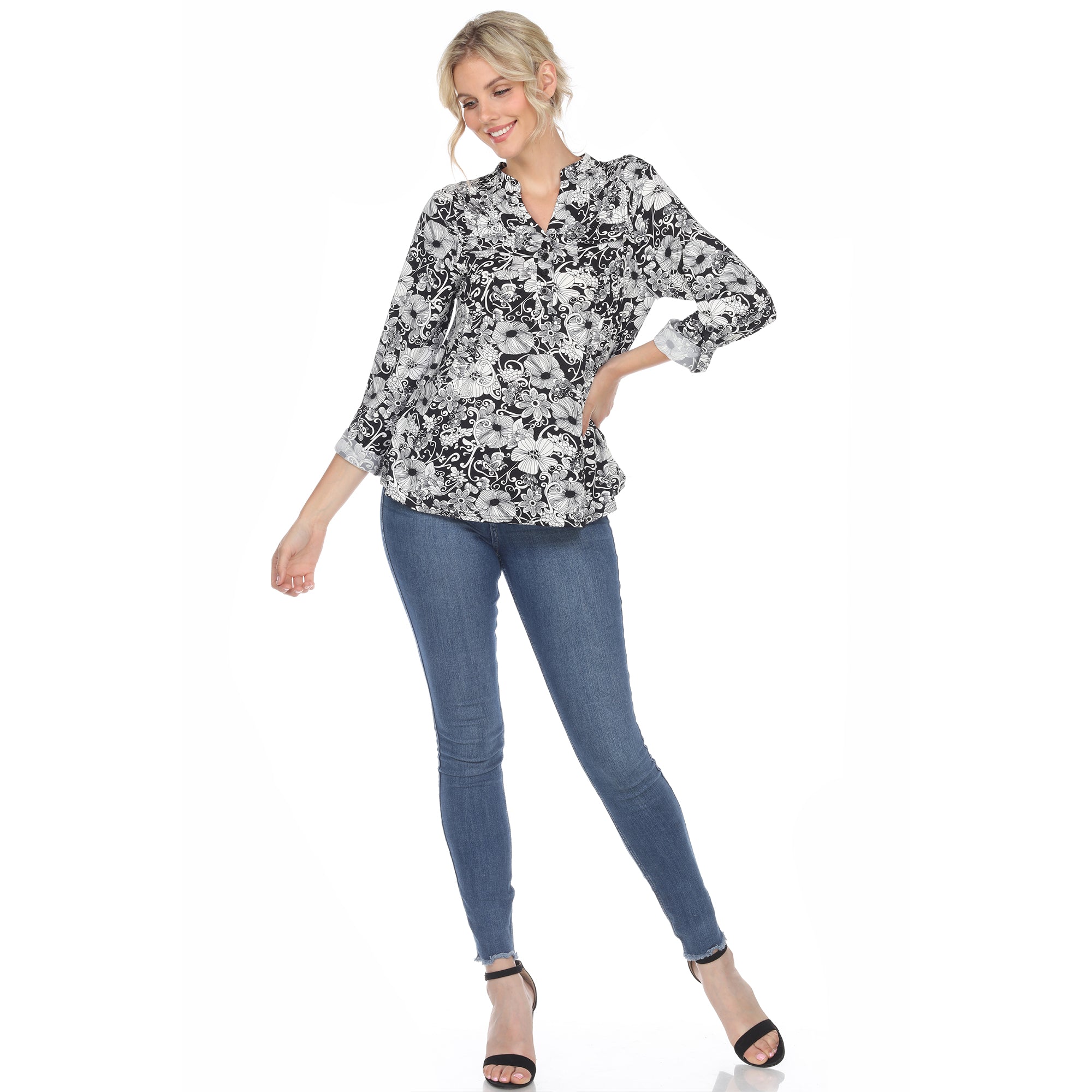 Women's Pleated Long Sleeve Floral Print Blouse - DressbarnShirts & Blouses