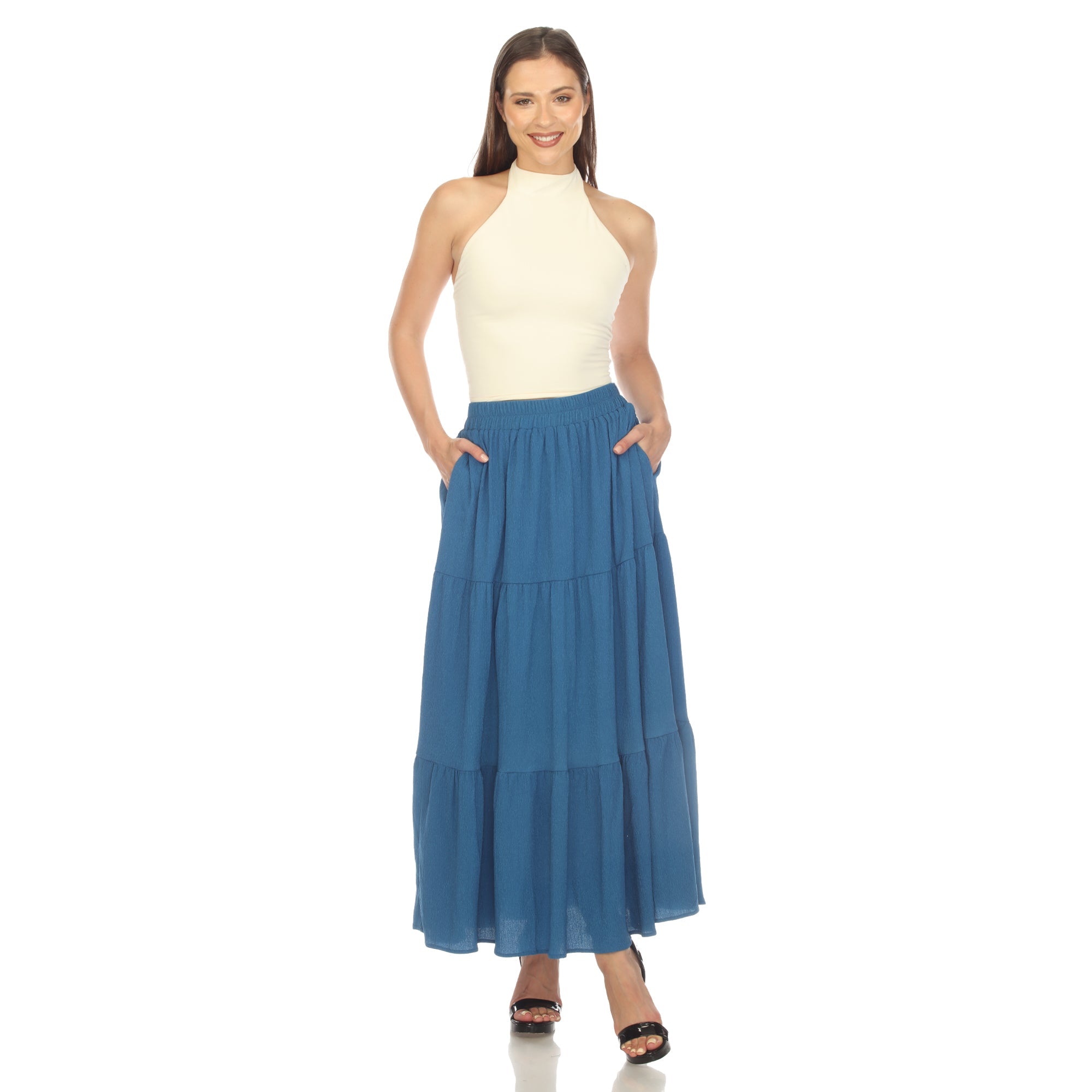 White Mark Women's Pleated Tiered Maxi Skirt, Navy Blue, XL White Mark Women's Pleated Tiered Maxi Skirt, Navy Blue, XL