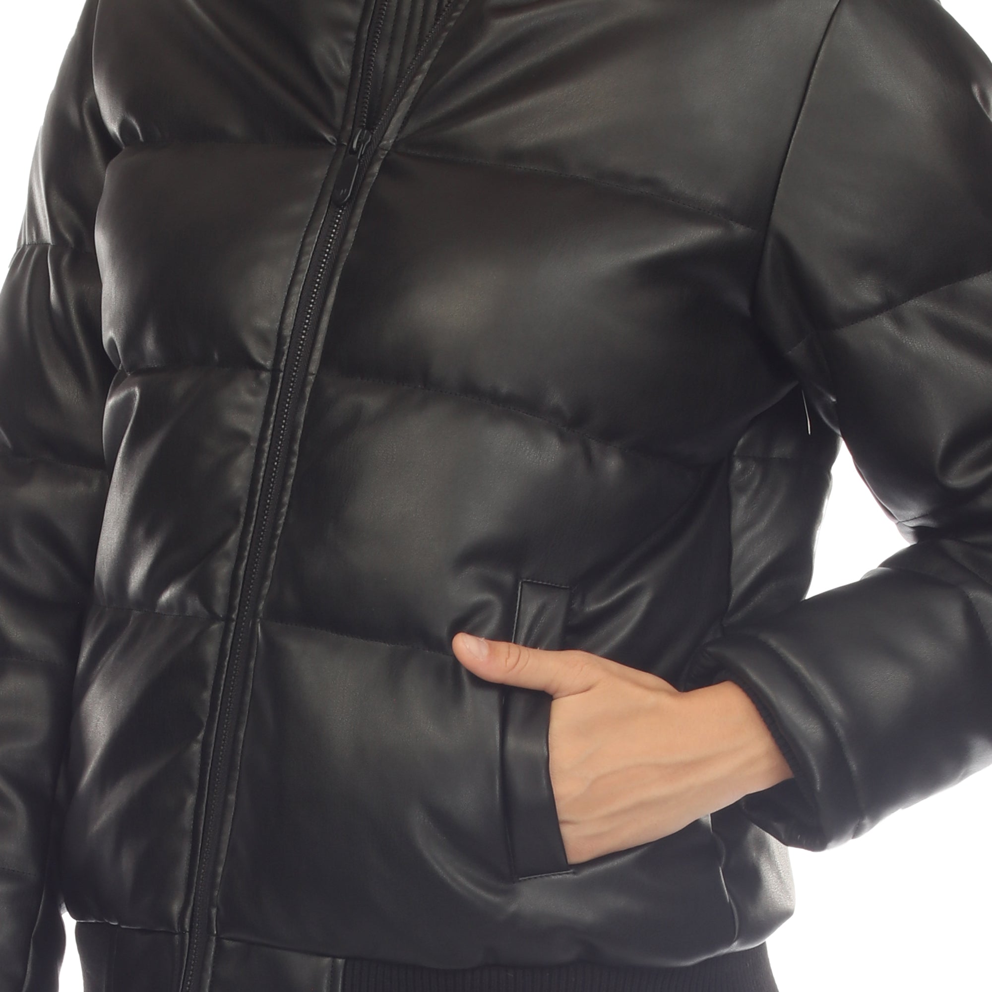 Women's Removable Fur Hoodie Bomber Leather Jacket - DressbarnCoats & Jackets