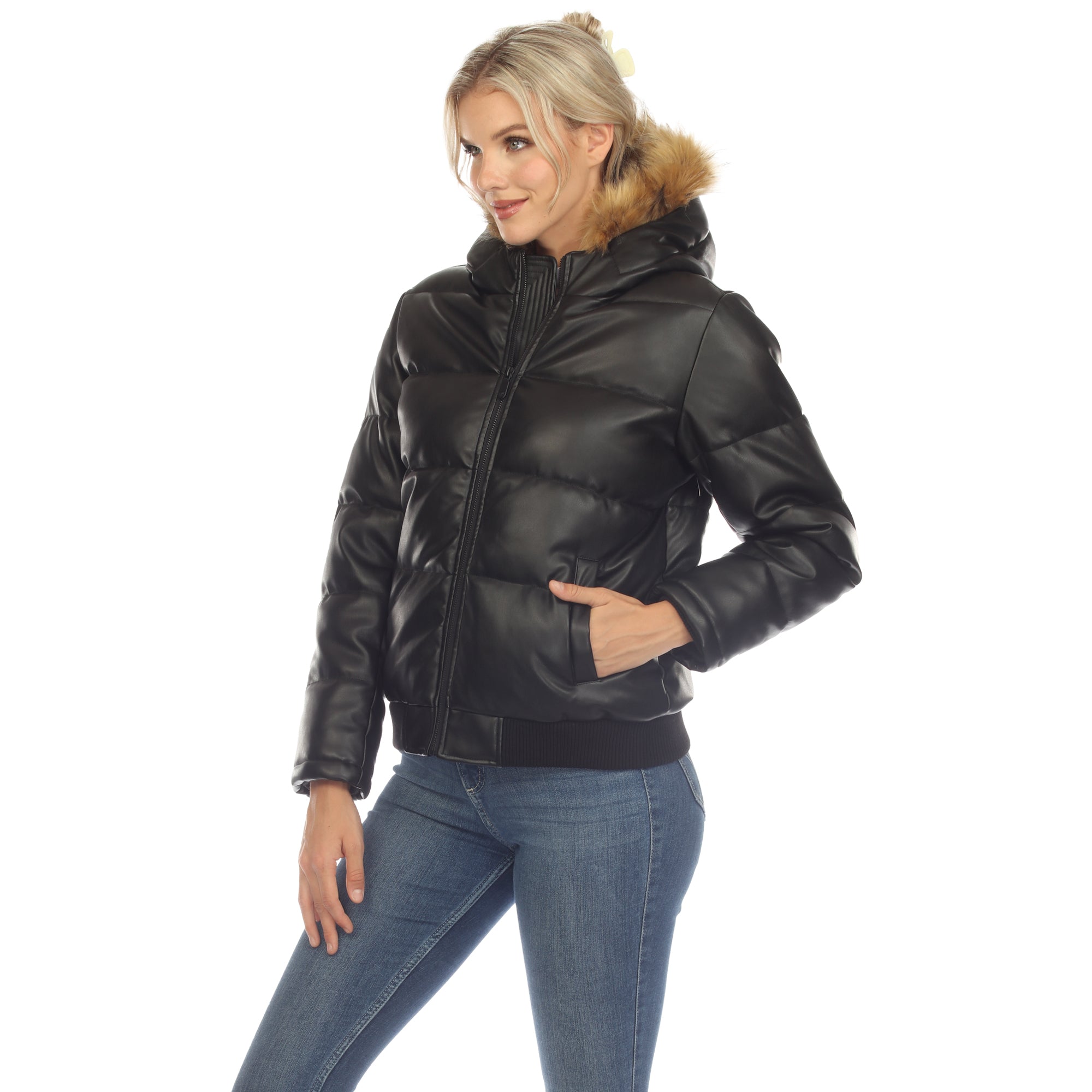 Women's Removable Fur Hoodie Bomber Leather Jacket - DressbarnCoats & Jackets