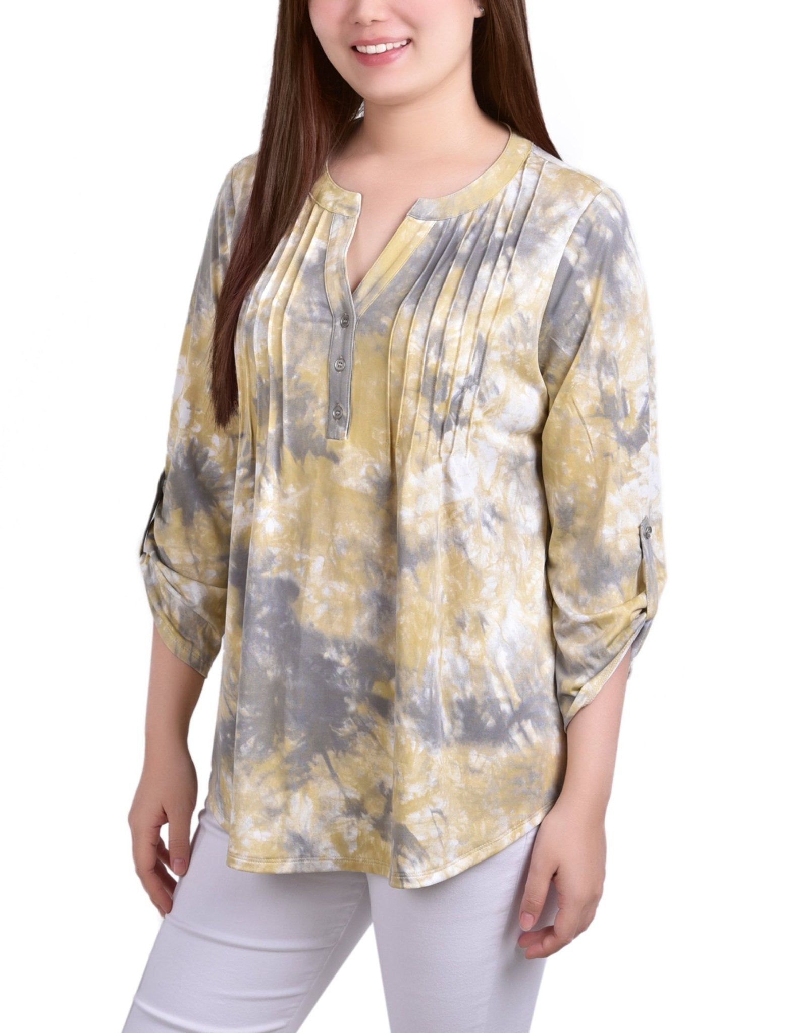 Yellow Tiedye 3/4 Bell Sleeve Pleat Front Y Neck Top - Petite - DressbarnBlouses