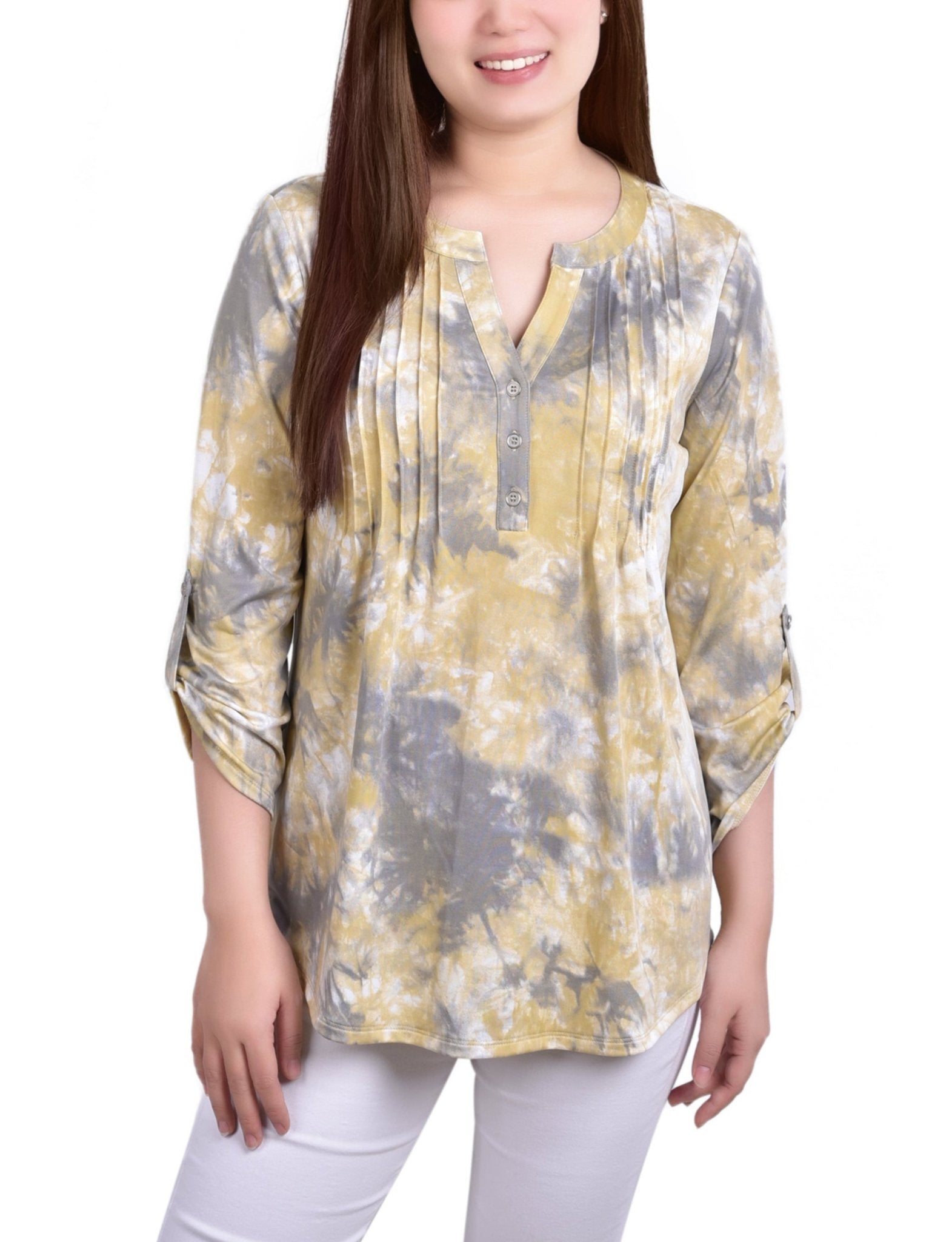 Yellow Tiedye 3/4 Bell Sleeve Pleat Front Y Neck Top - Petite - DressbarnBlouses