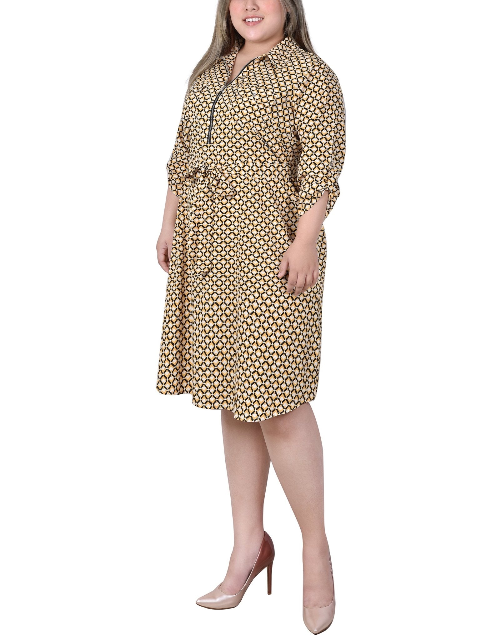 Yellow White Black Diamond 3/4 Roll Tab Sleeve Zippered Shirtdress - Plus - DressbarnKnee Length & Midi Dresses