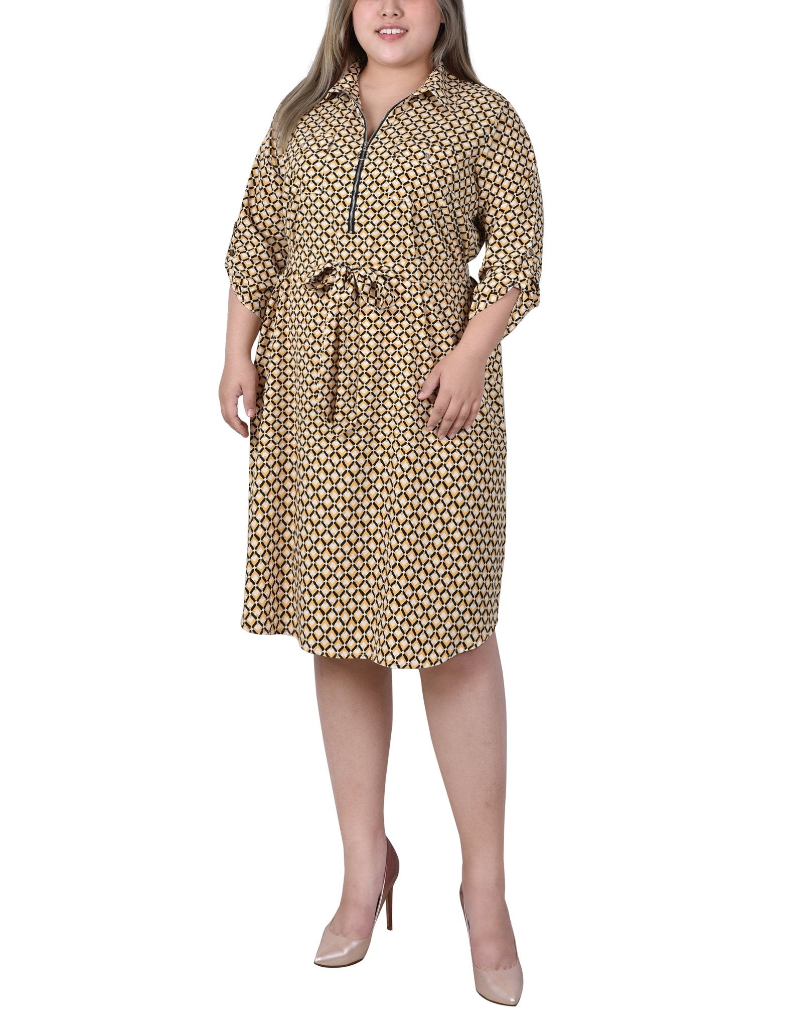 Yellow White Black Diamond 3/4 Roll Tab Sleeve Zippered Shirtdress - Plus - DressbarnKnee Length & Midi Dresses